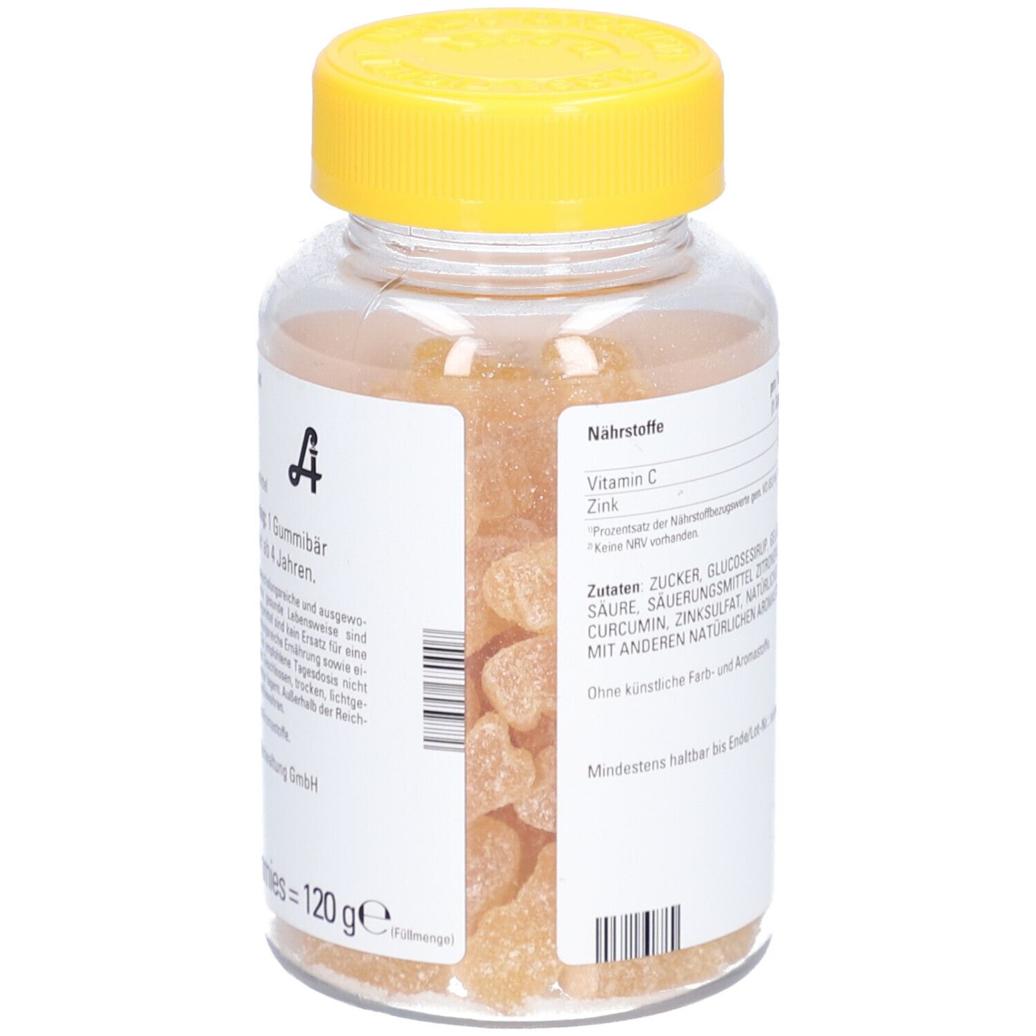 Vitamin Gummies Flasche, Ansicht von der Seite. Inhalt: Geleeartige Gummibärchen. Aufschrift: Nährstoffe, Vitamin C, Zink.