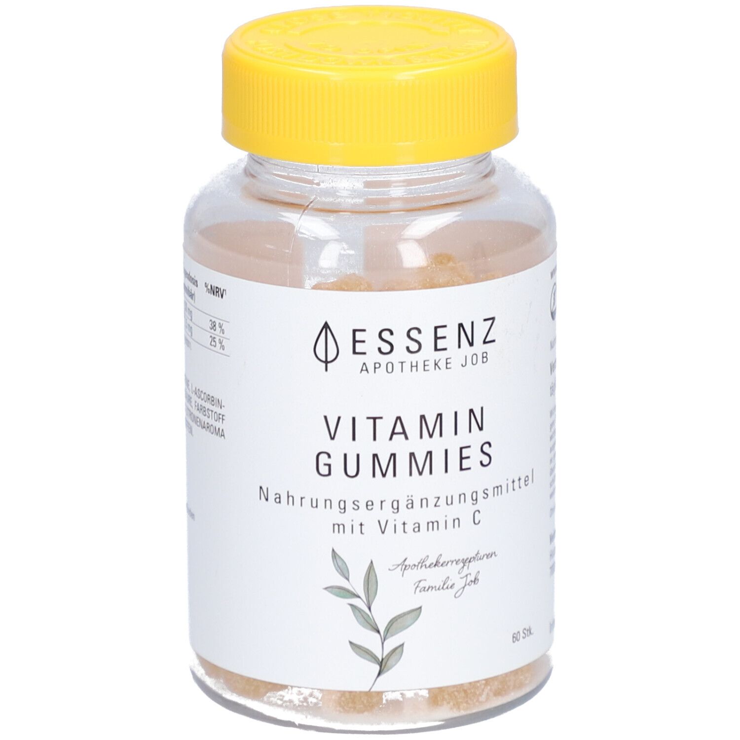 Klare Glasflasche mit gelbem Deckel. Aufschrift: ESSENZ, Vitamin Gummies, Nahrungsergänzungsmittel mit Vitamin C.