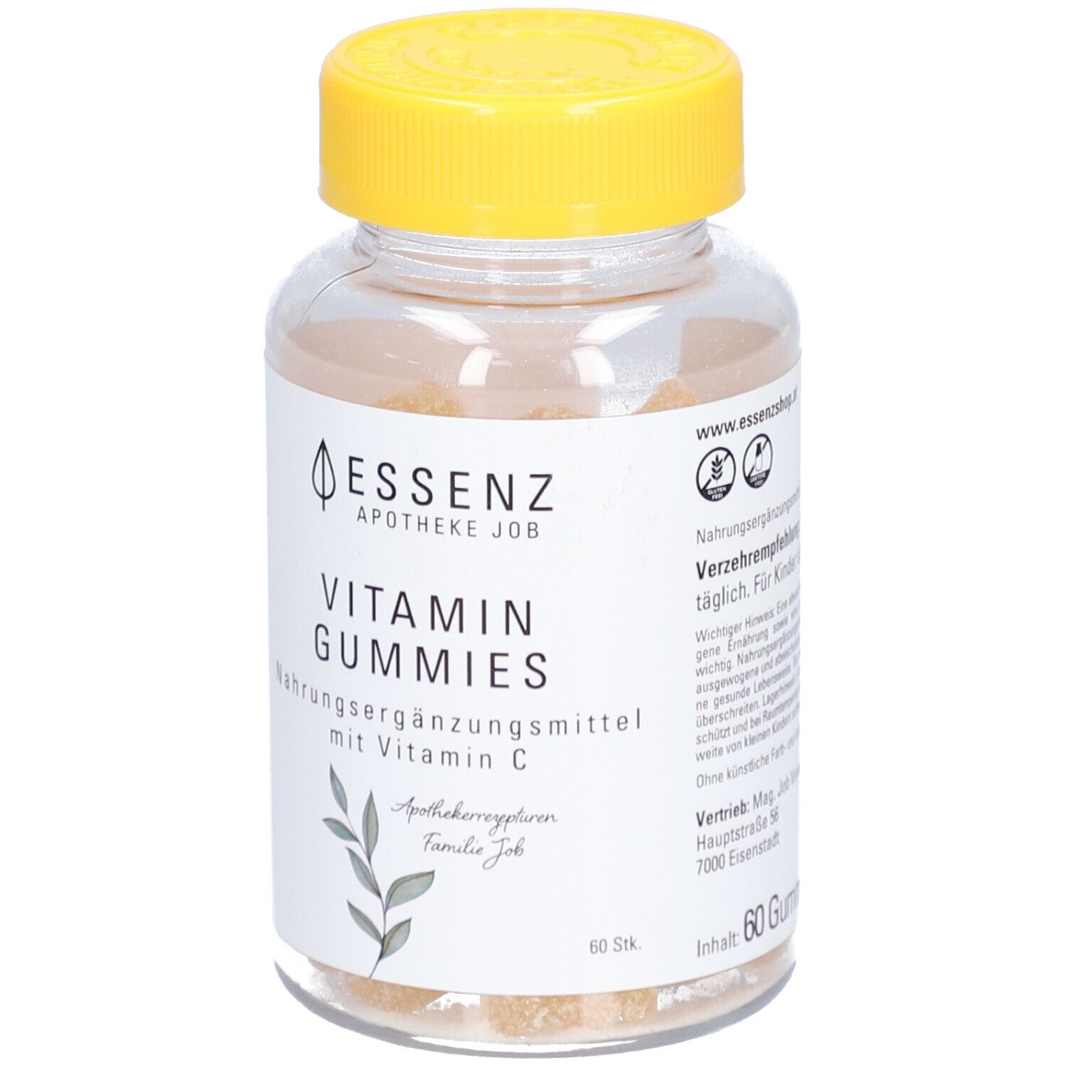Vitamin Gummies Flasche mit gelbem Deckel. Aufschrift: ESSENZ, Vitamin Gummies, Nahrungsergänzungsmittel mit Vitamin C. 60 Stk.