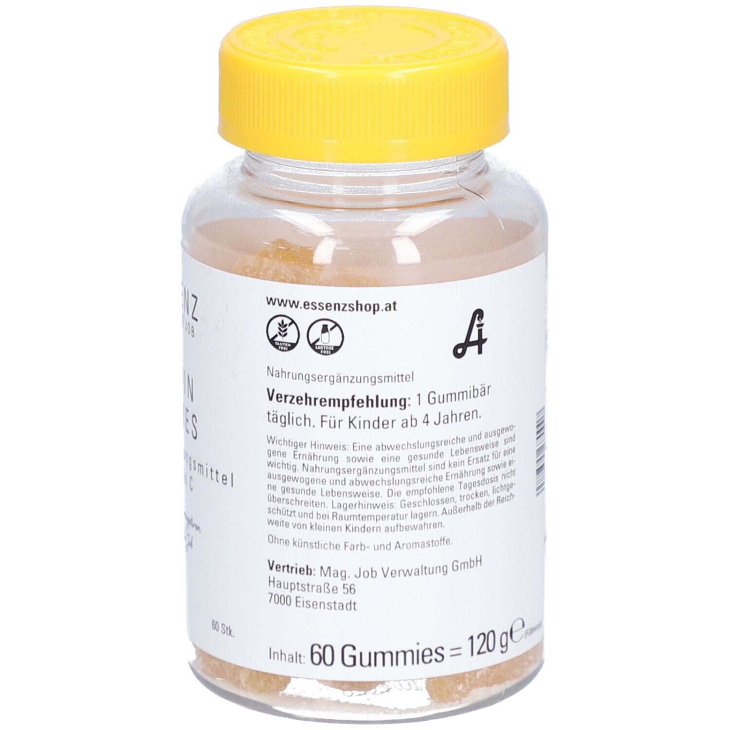Rückseite der Vitamin Gummies Flasche. Enthält Informationen zur Verzehrempfehlung und Inhaltsstoffe. 60 Gummies.
