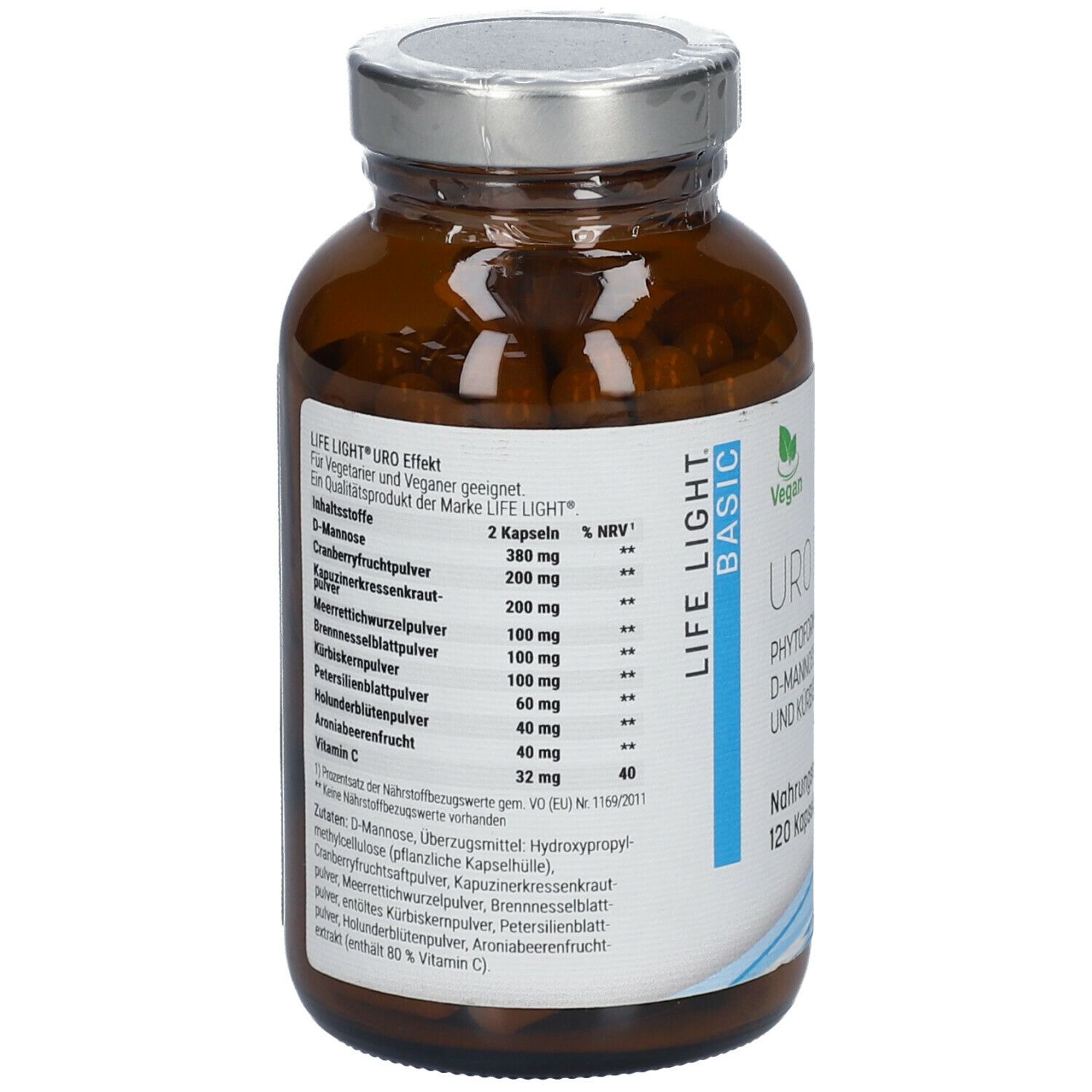Braune Glasflasche mit Kapseln. Etikett mit Inhaltsstoffangaben und Nährwerttabelle. Vegan-Logo. Produktname: URO EFFEKT.