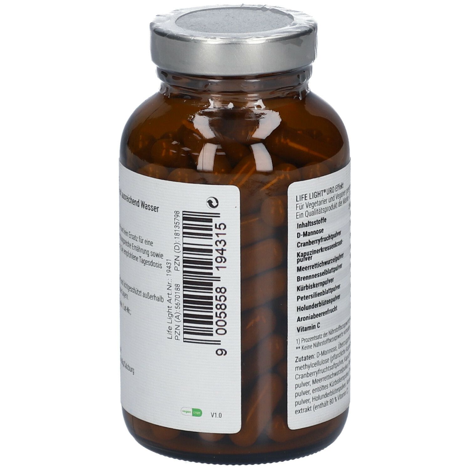 Braune Glasflasche mit Kapseln. Etikett mit Produktinformationen und Barcode. Vegan-Logo. Produktname: URO EFFEKT.