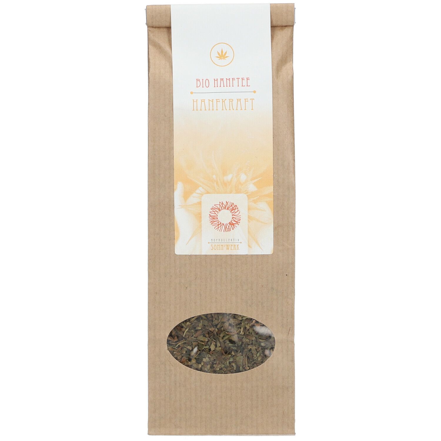 Braune Papiertüte mit Sichtfenster. Aufdruck: BIO HANFTEE HANFKRAFT. Logo mit Sonnenblume. Siegel.