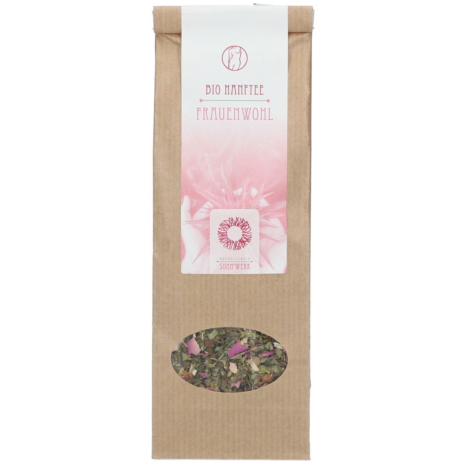 Braune Papiertüte mit Sichtfenster. BIO HANFTEE FRAUENWOHL. Blütenmischung sichtbar. Logo und Text auf weißem Etikett.