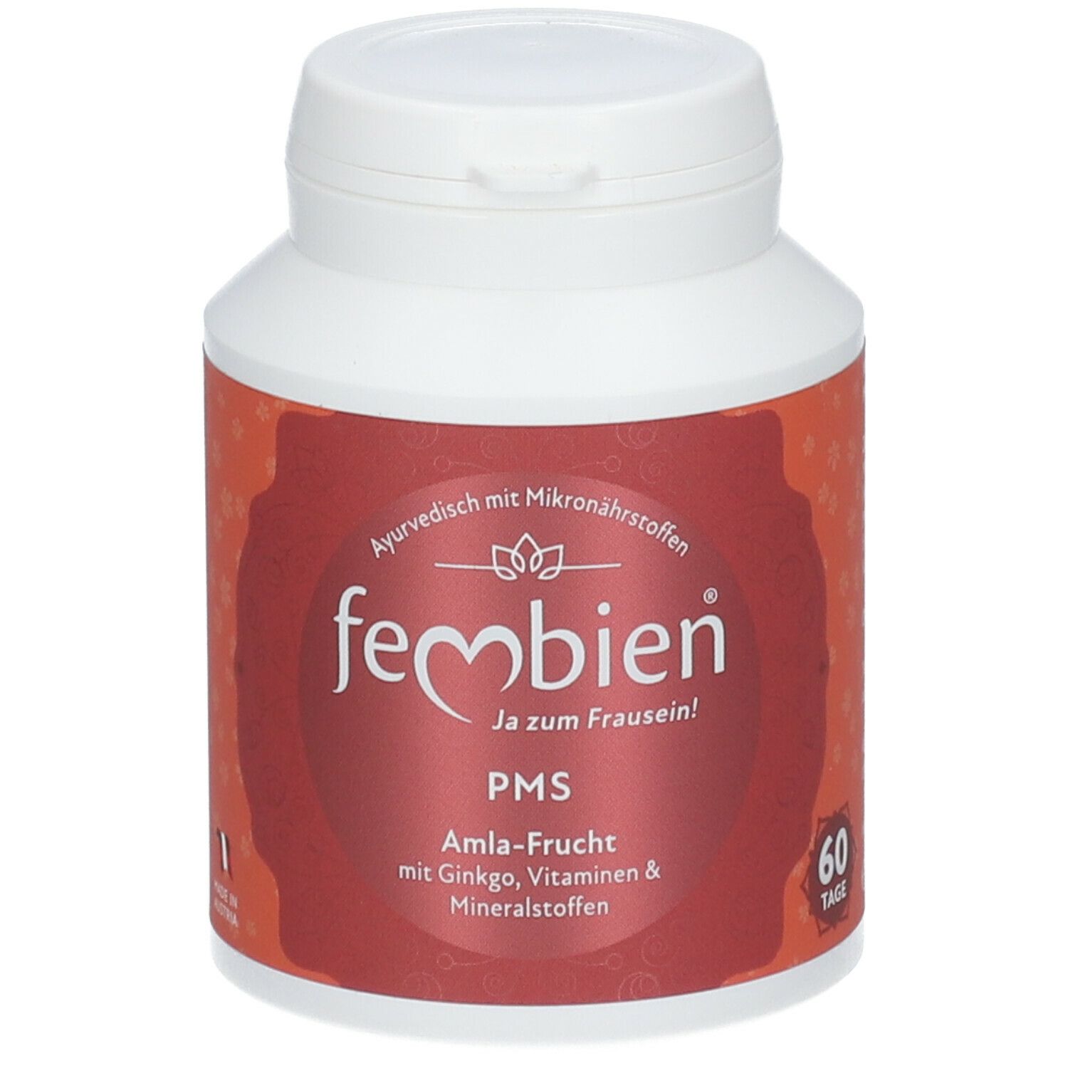 Weiße Flasche mit rotem Etikett. Aufschrift: Fembien PMS. Enthält Amla-Frucht, Ginkgo, Vitamine & Mineralstoffe. 60 Kapseln.