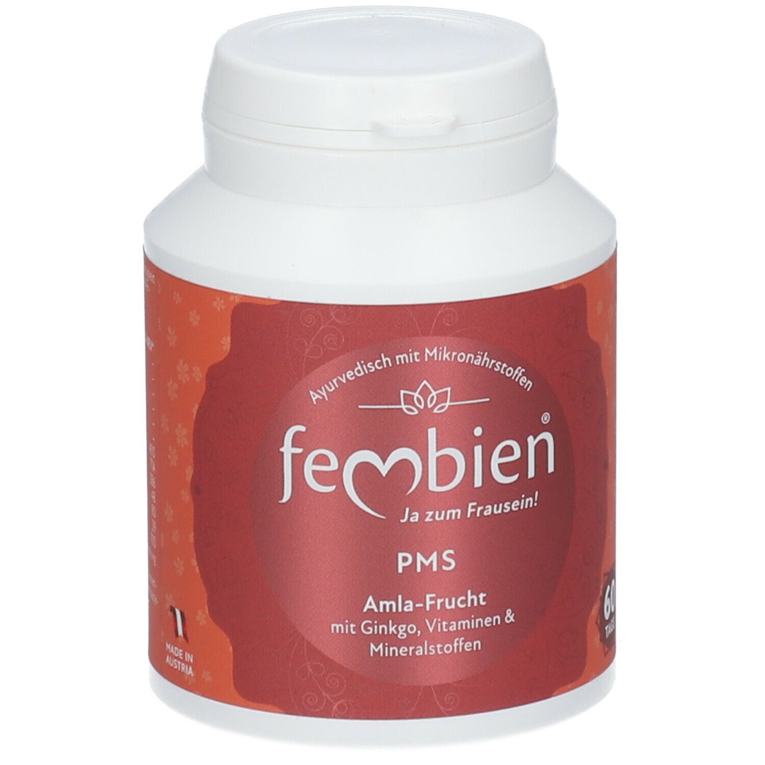Weiße Flasche mit rotem Etikett. Aufschrift: Fembien PMS. Enthält Amla-Frucht, Ginkgo, Vitamine & Mineralstoffe. 60 Kapseln.