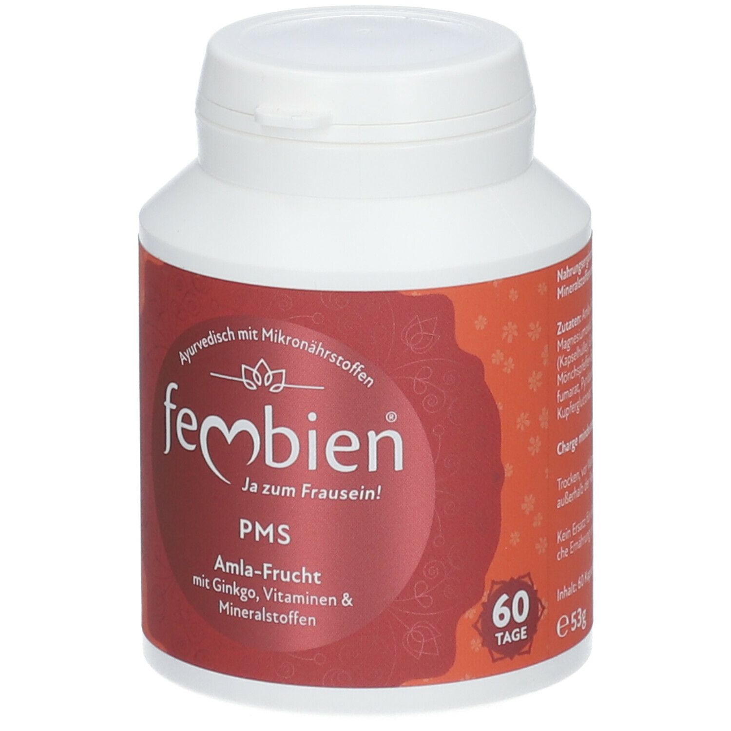 Weiße Flasche mit rotem Etikett. Aufschrift: Fembien PMS. Enthält Amla-Frucht, Ginkgo, Vitamine & Mineralstoffe. 60 Kapseln, 53g.