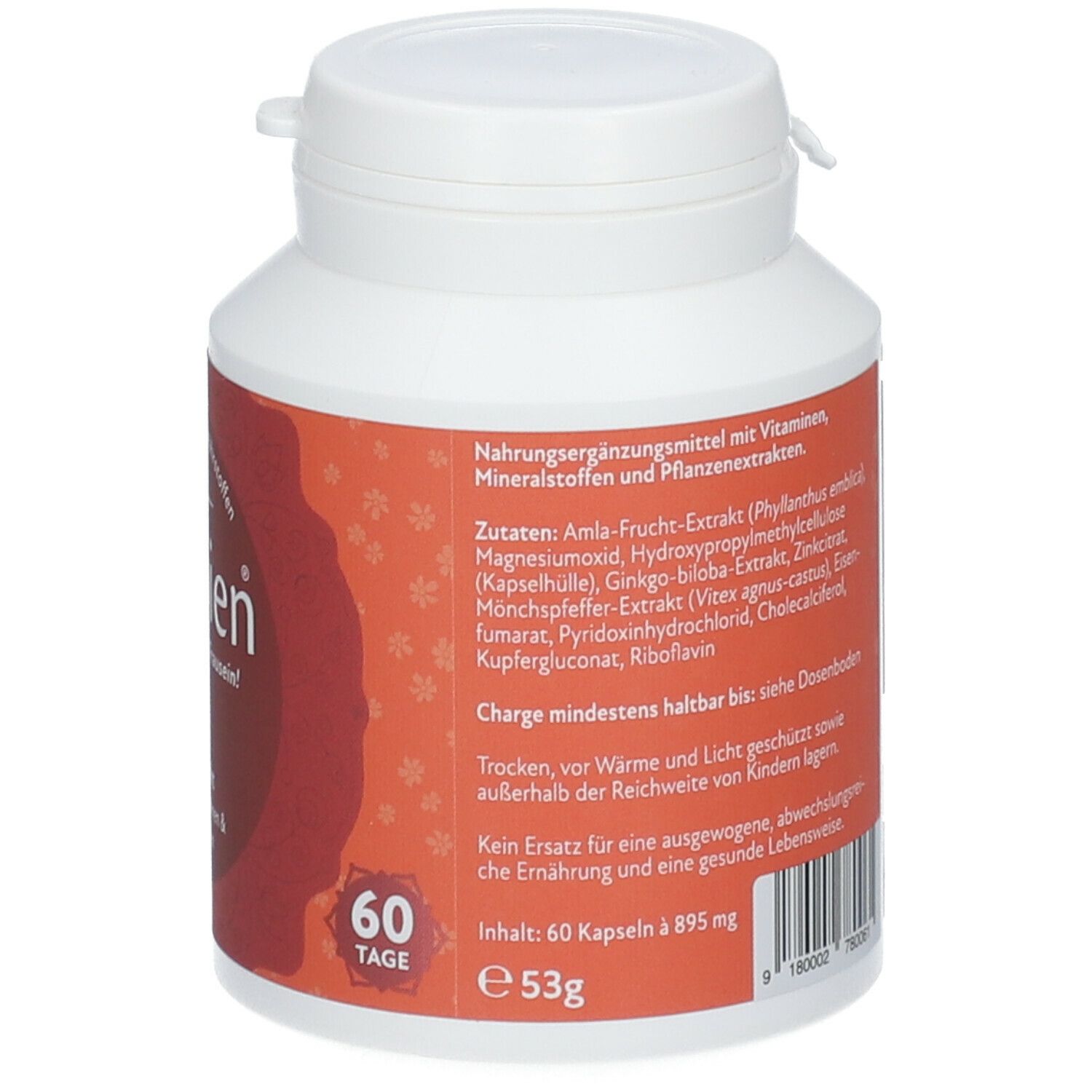 Weiße Flasche mit rotem Etikett. Aufschrift: Fembien PMS. 60 Kapseln, 895 mg, 53g. Zutatenliste. Warnhinweise.
