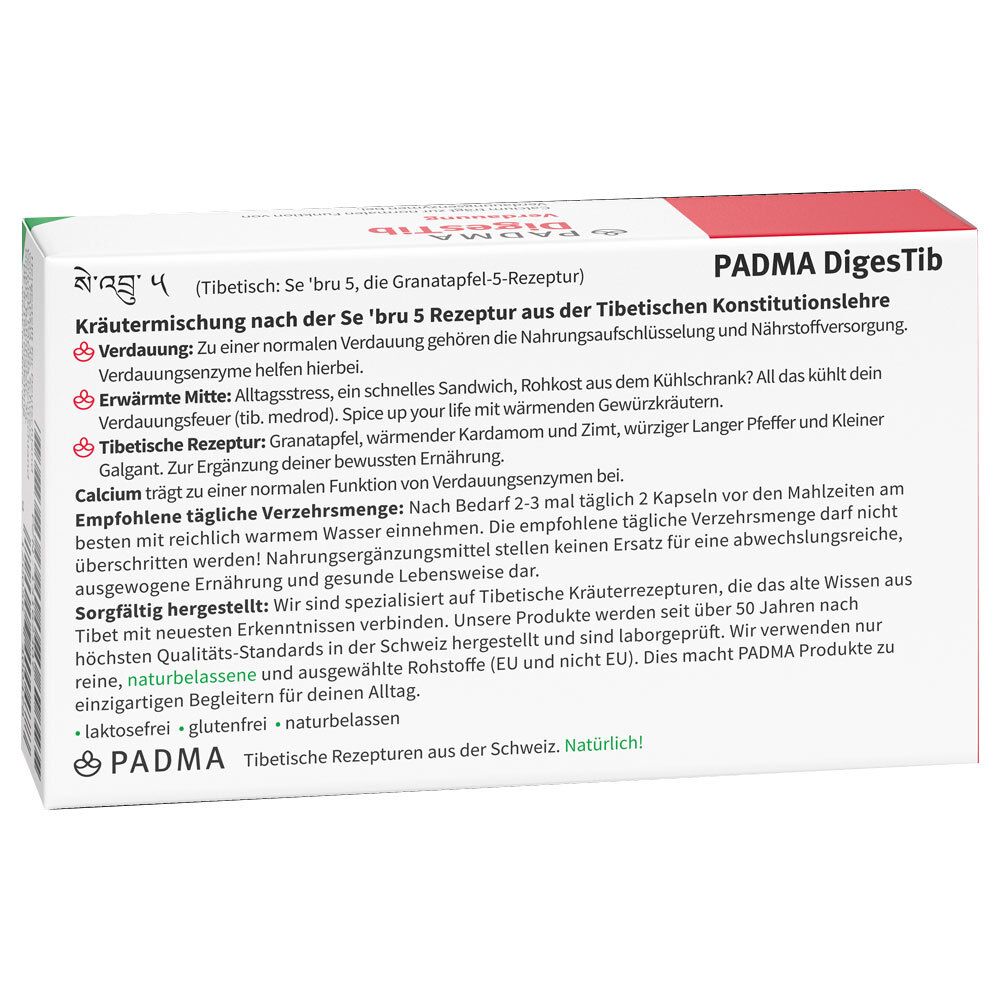 PADMA DigesTib Verdauung. Rückseite der Verpackung mit Produktinformationen.