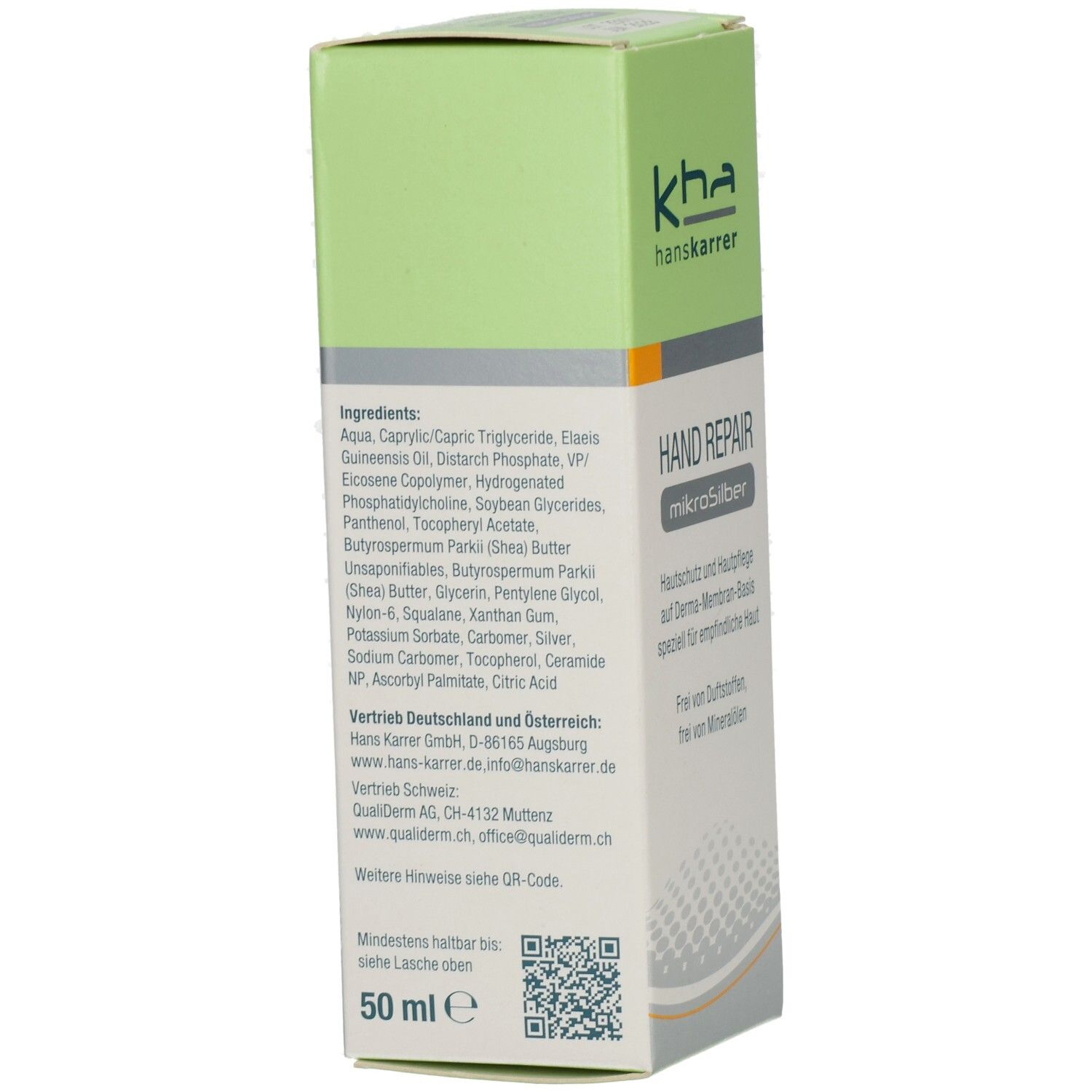 Rückseite der Produktverpackung. Enthält Inhaltsstoffe und Herstellerinformationen. Aufschrift: HAND REPAIR mikrosilber. 50 ml.