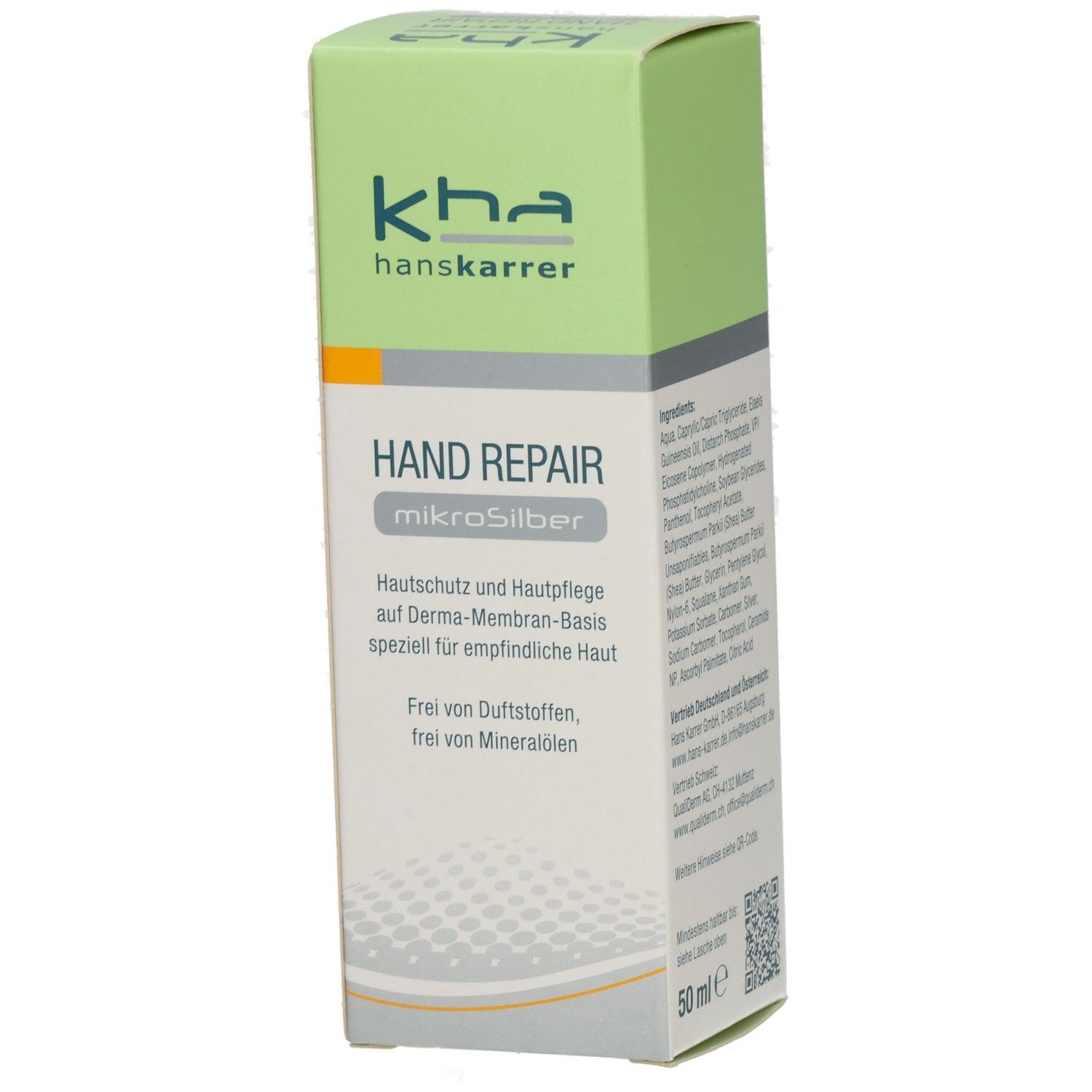 Produktverpackung mit Informationen. Aufschrift: HAND REPAIR mikrosilber. Marke: kha hanskarrer. Grün-weiße Verpackung.