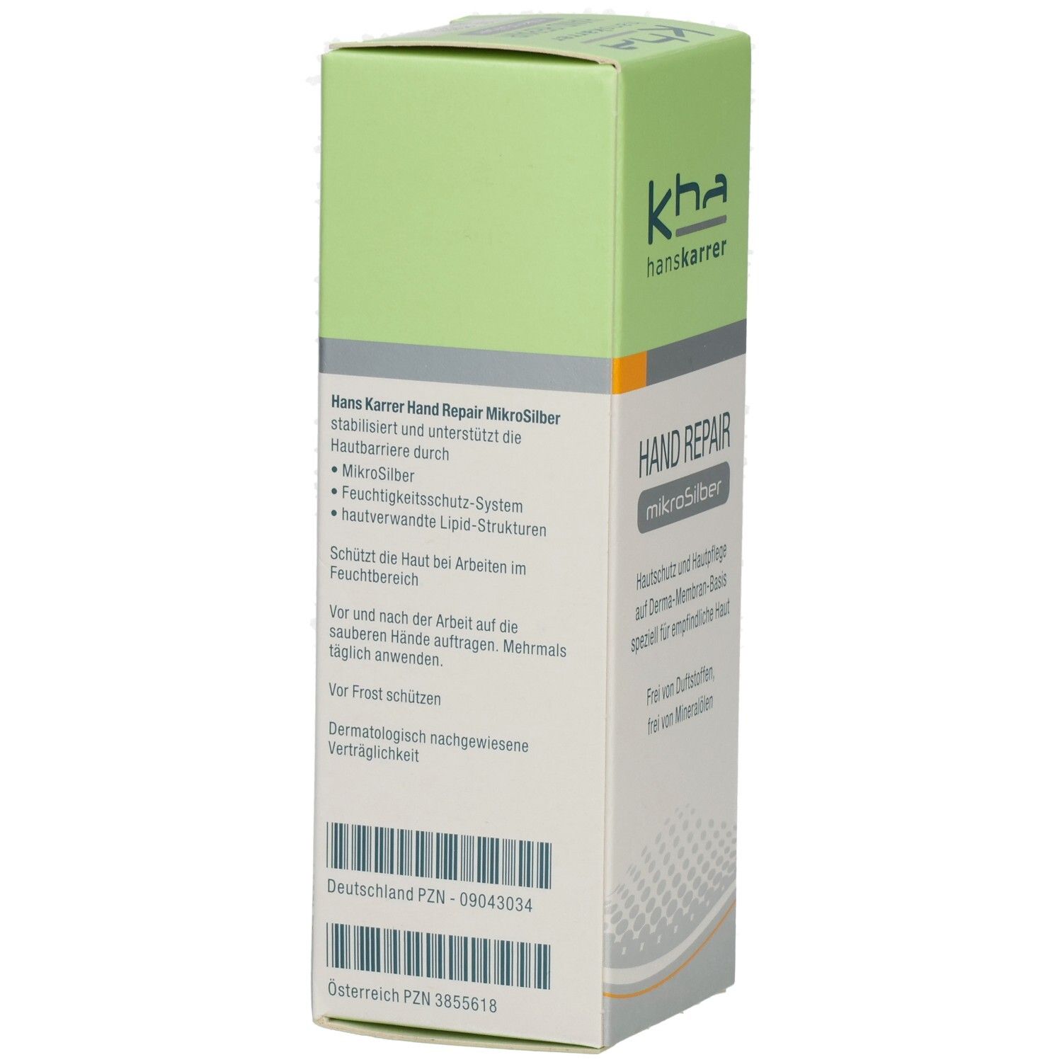 Produktverpackung mit Text. Aufschrift: HAND REPAIR mikrosilber. Marke: kha hanskarrer. Grün-weiße Verpackung. Text über Hautschutz.