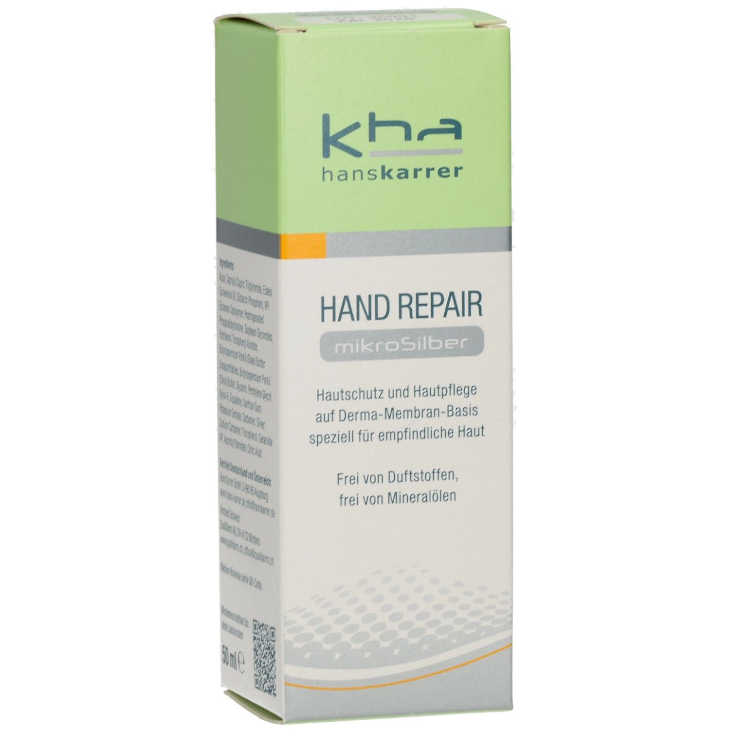 Produktverpackung. Aufschrift: HAND REPAIR mikrosilber. Marke: kha hanskarrer. Grün-weiße Verpackung. 50 ml.