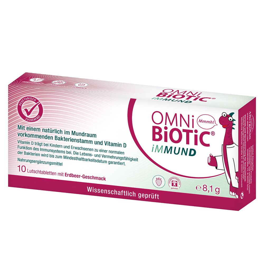 OMNi-BiOTiC iMMUND-Verpackung. Rote und weiße Schachtel mit Produktnamen, Logo und Text. 10 Lutschtabletten mit Erdbeer-Geschmack.