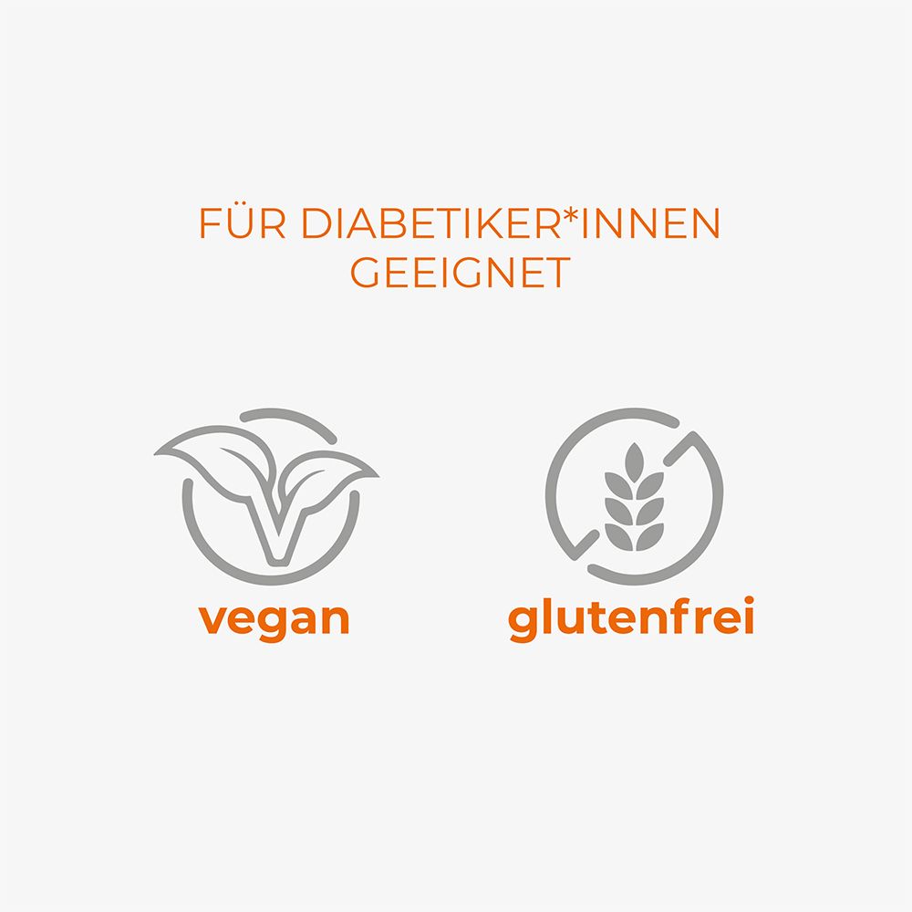 Zwei Symbole: vegan und glutenfrei. Text: Geeignet für Diabetiker*innen.