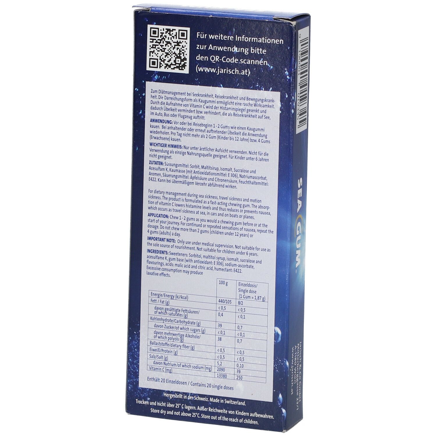 Rückseite der SEA GUM-Schachtel. Text: Anwendung, Inhaltsstoffe, Nährwertangaben. QR-Code. Blau mit Wellen.