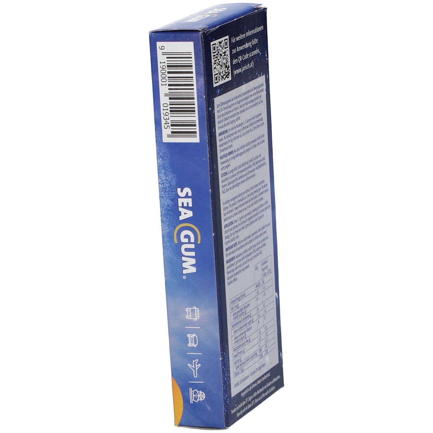 Schachtel SEA GUM, Seitenansicht. Text: Anwendung, Nährwertangaben. QR-Code. Blau mit Wellen.