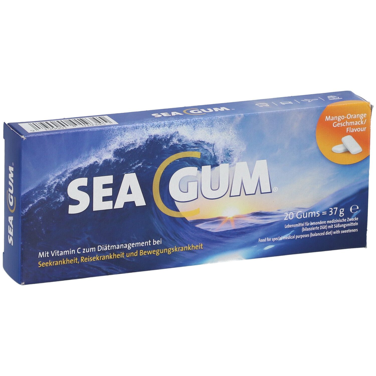 Blau-weiße Schachtel mit SEA GUM-Logo und Wellenmotiv. Text: Mango-Orange Geschmack. 20 Gums, 37g. Mit Vitamin C.