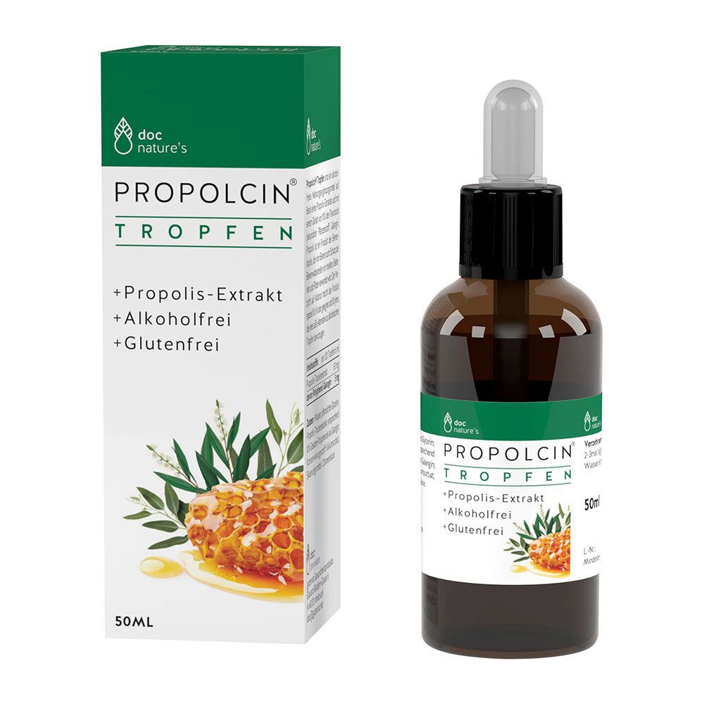 Braune Glasflasche mit Tropfer und Verpackung. Aufschrift: PROPOLCIN TROPFEN, +Propolis-Extrakt, +Alkohol frei, +Glutenfrei. 50ml.