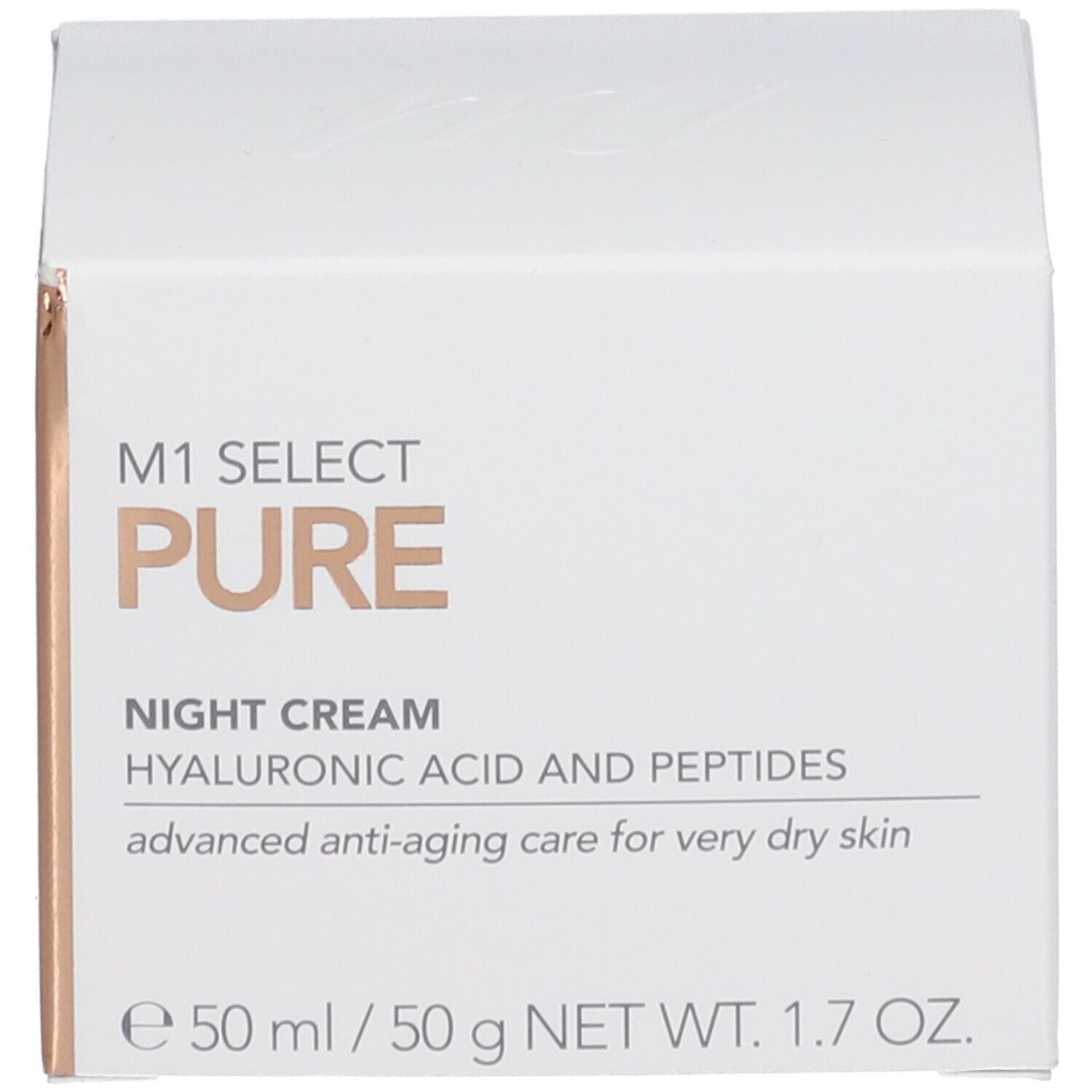 Verpackung mit Text. Auf der Verpackung steht "M1 SELECT PURE" und "NIGHT CREAM".