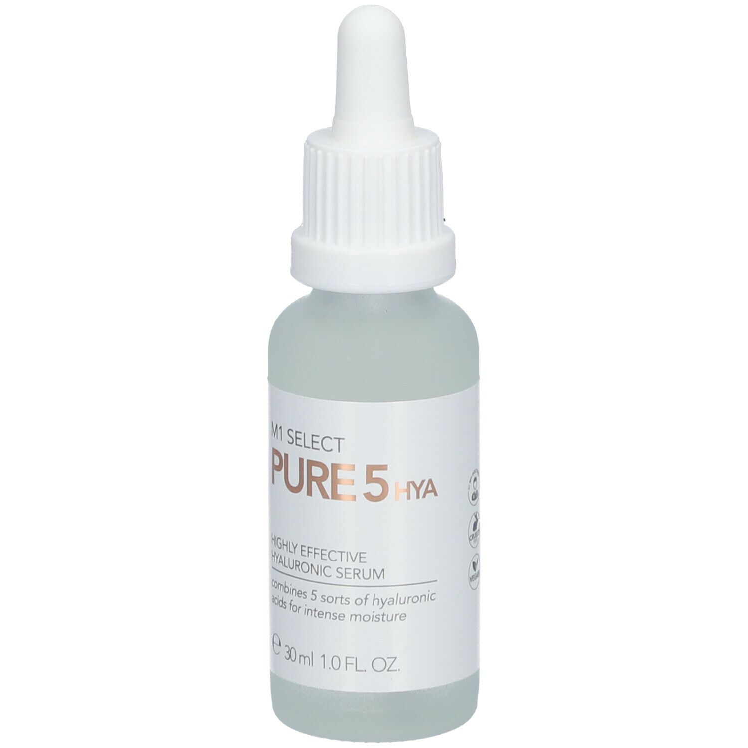 Klarflasche mit weißem Deckel und Pipette. Etikett mit Produktnamen und Text. 30ml.