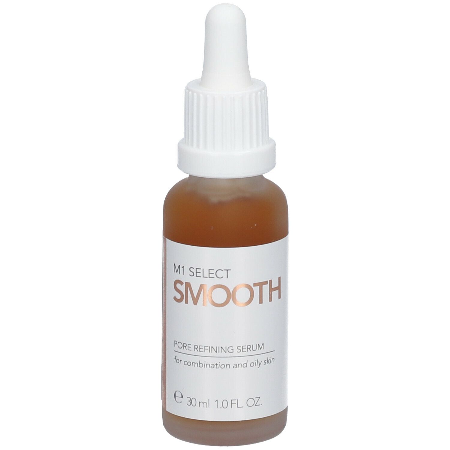Braune Serumflasche mit weißem Deckel und Pipette. Aufschrift: M1 SELECT SMOOTH. Für Mischhaut und fettige Haut.