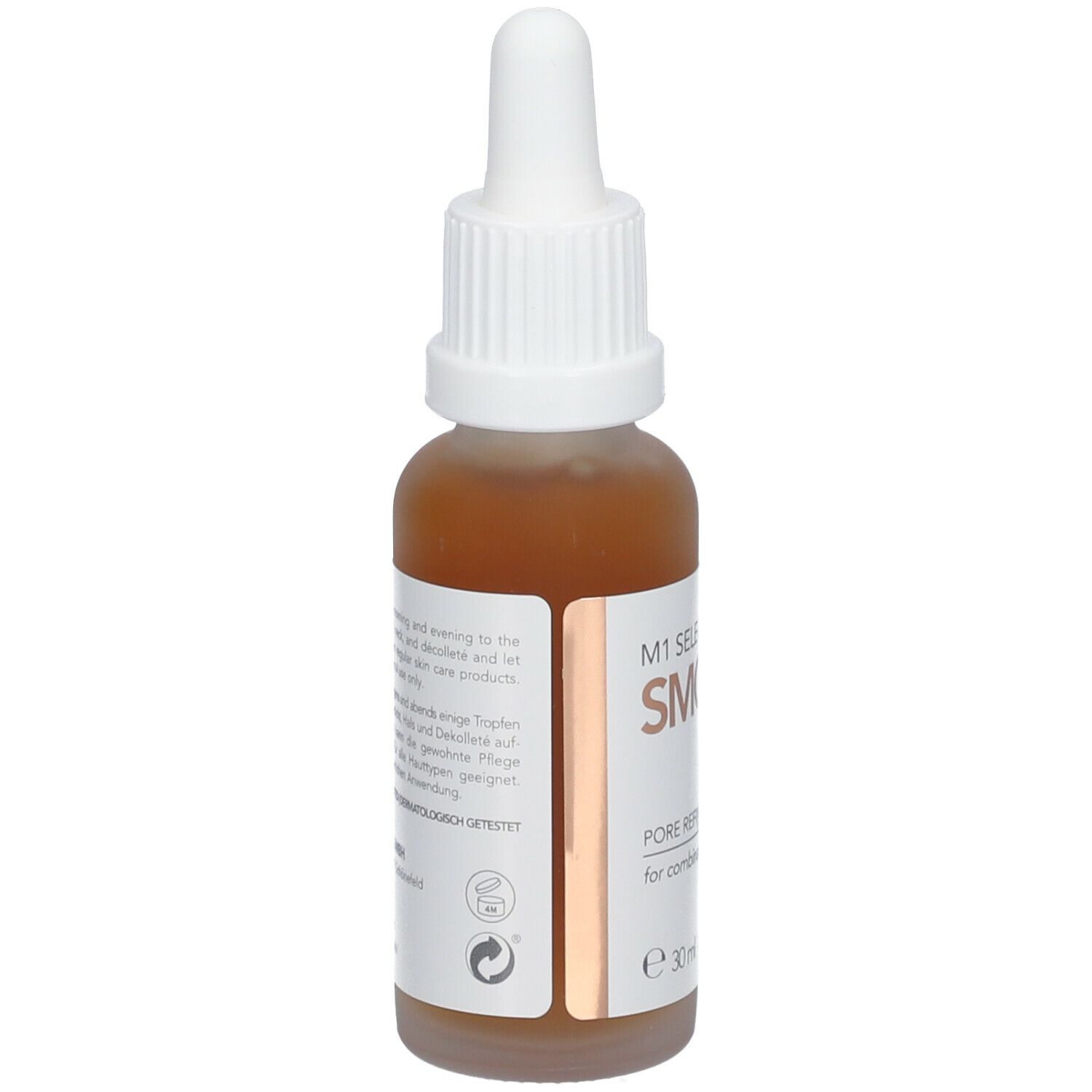 Braune Serumflasche mit weißem Deckel. Aufschrift: M1 SELECT SMOOTH. Text auf der Rückseite. Dermatologisch getestet.