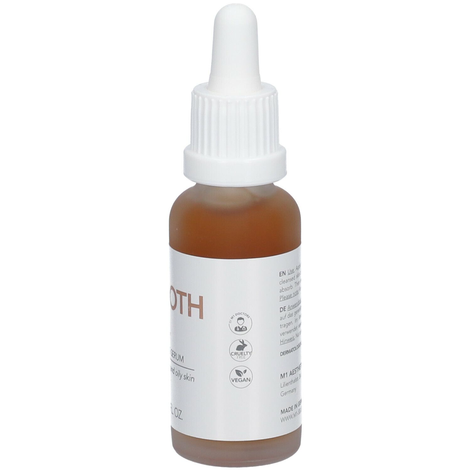 Braune Serumflasche mit weißem Deckel. Aufschrift: M1 SELECT SMOOTH. Vegan- und tierversuchsfrei.