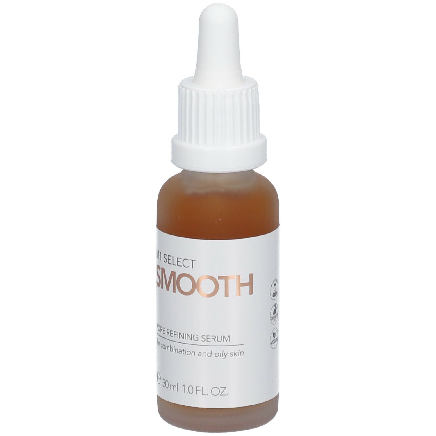 Braune Serumflasche mit weißem Deckel und Pipette. Aufschrift: M1 SELECT SMOOTH. Für Mischhaut und fettige Haut.