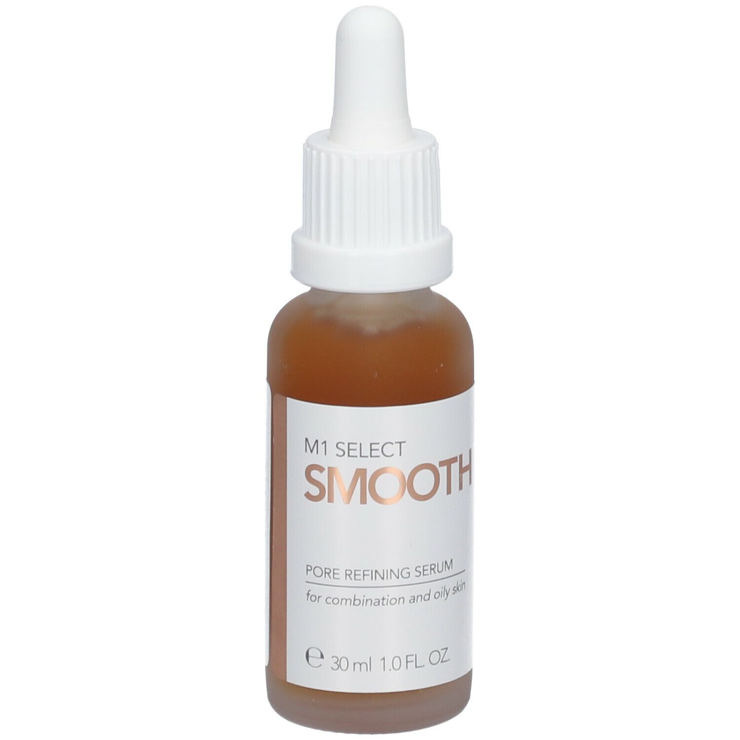 Braune Serumflasche mit weißem Deckel und Pipette. Aufschrift: M1 SELECT SMOOTH. Für Mischhaut und fettige Haut.