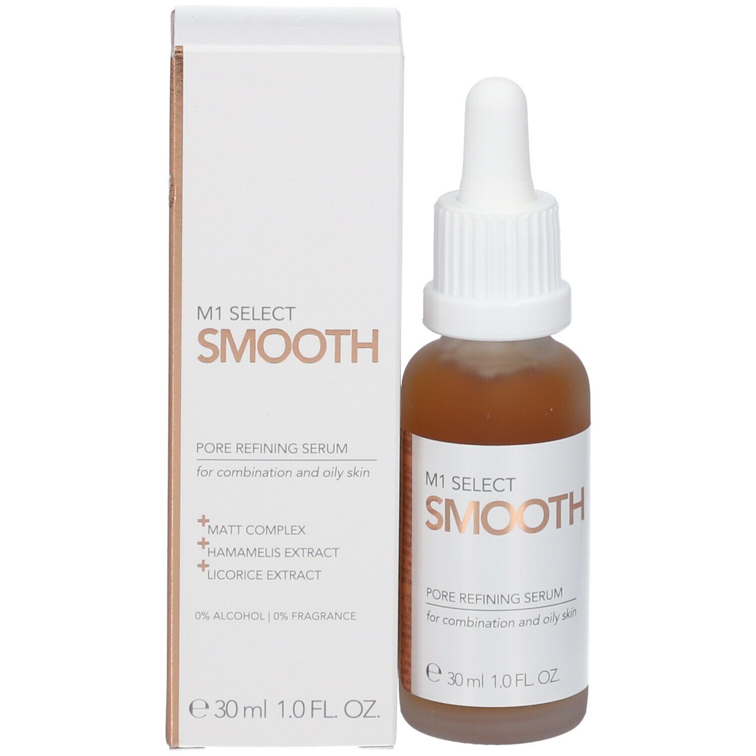 Serumflasche und Verpackung. Aufschrift: M1 SELECT SMOOTH. Für Mischhaut und fettige Haut. Inhaltsstoffe.