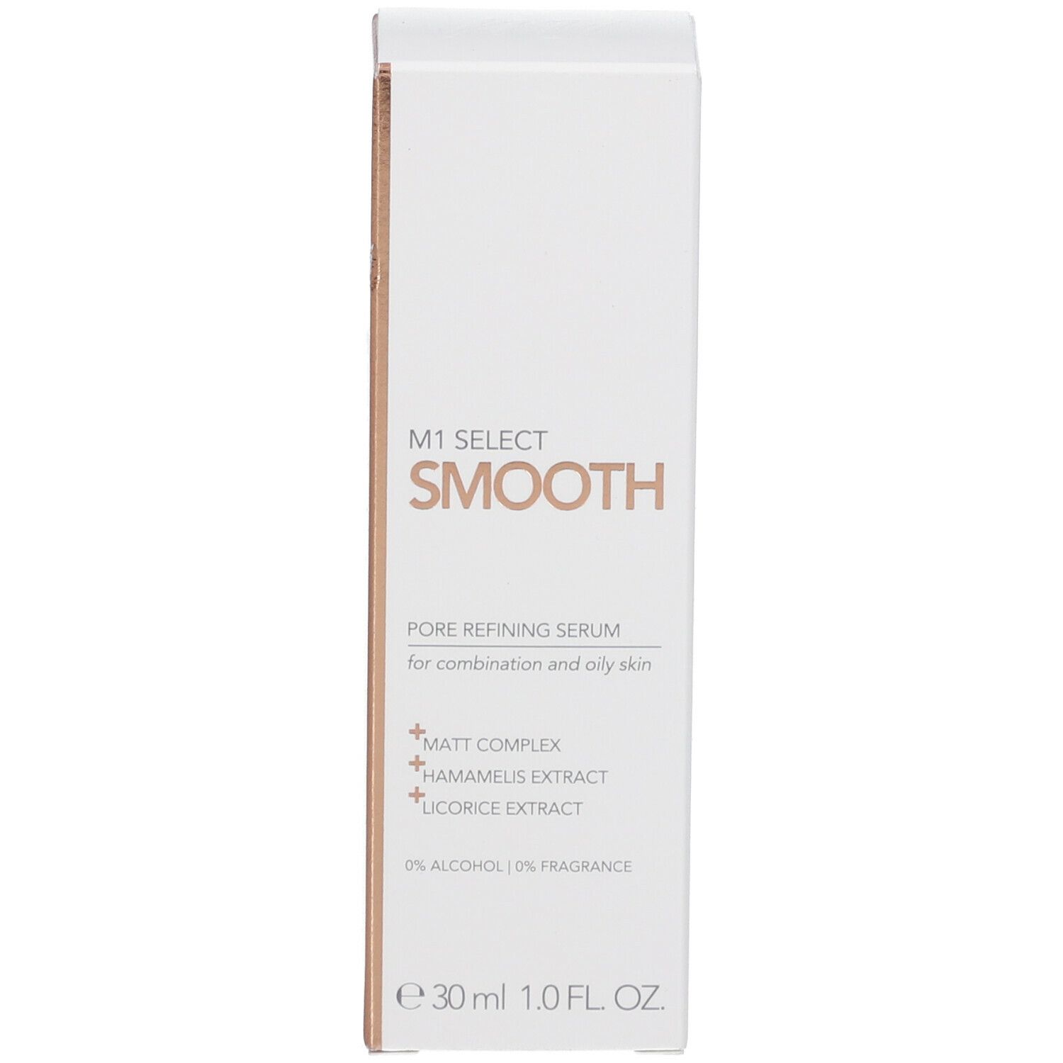 Verpackung. Aufschrift: M1 SELECT SMOOTH. Für Mischhaut und fettige Haut. Inhaltsstoffe: Matt Complex, Hamamelis, Lakritz.