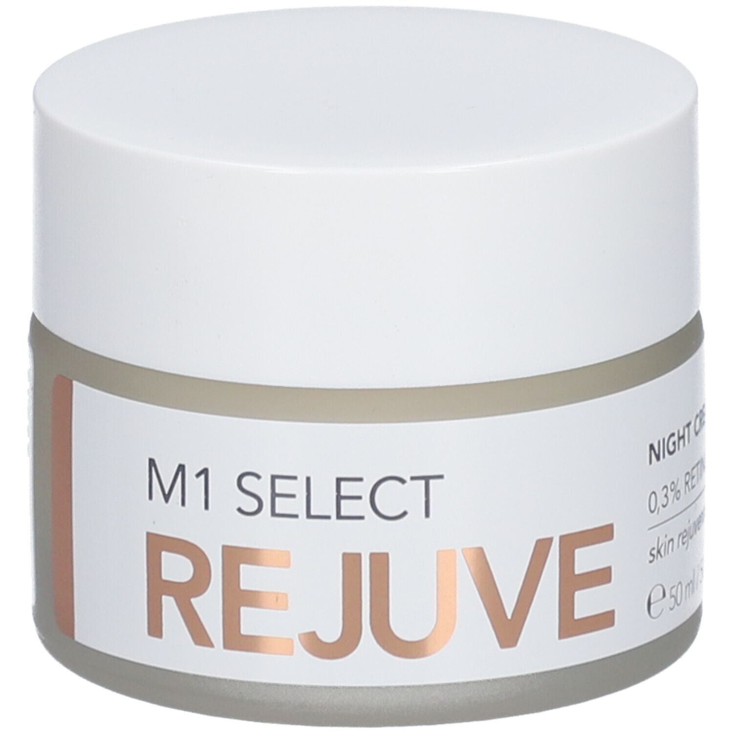 Creme-Tiegel mit weißem Deckel. Auf dem Etikett: M1 Select Rejuve, Nachtcreme, 0,3% Retinol, Hautverjüngung.