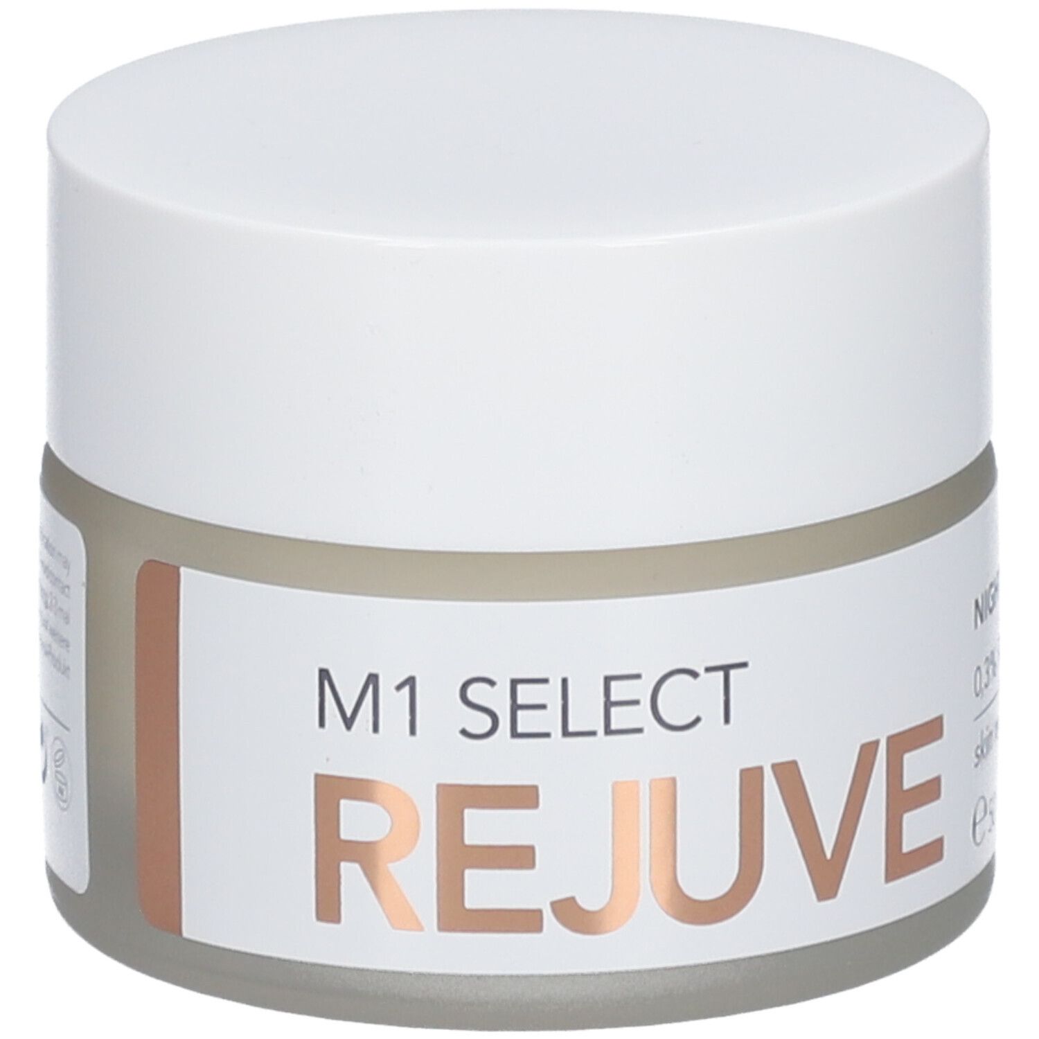 Creme-Tiegel mit weißem Deckel. Auf dem Etikett: M1 Select Rejuve, Nachtcreme, 0,3% Retinol, Hautverjüngung, 50ml.
