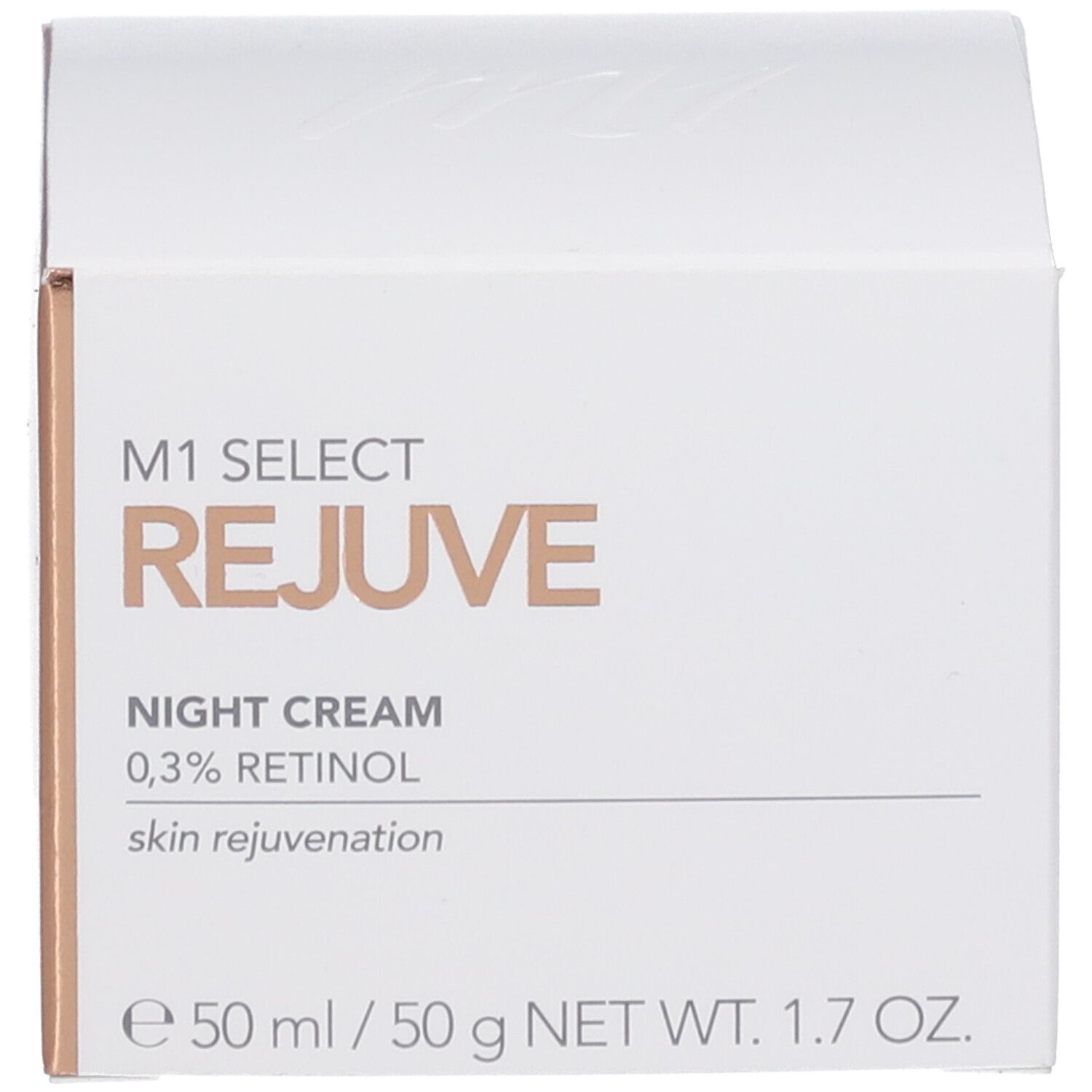 Weiße Schachtel. Auf der Schachtel: M1 Select Rejuve, Nachtcreme, 0,3% Retinol, Hautverjüngung, 50ml.
