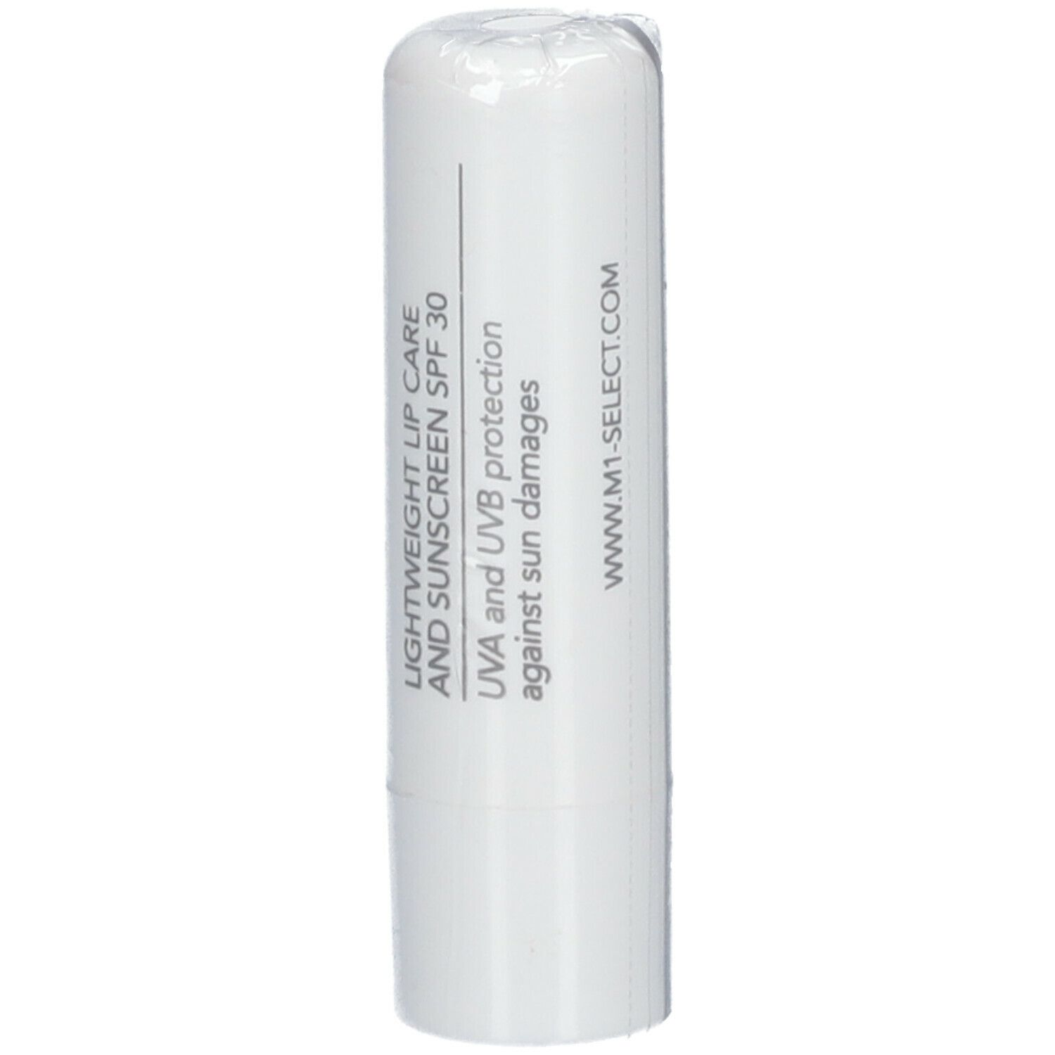 Weißer Lippenpflegestift mit brauner Schrift. Aufschrift: Lightweight Lip Care and Sunscreen SPF 30, UVA and UVB protection against sun damages.