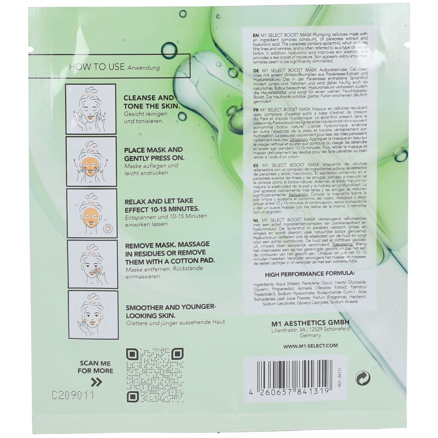 Rückseite der Verpackung mit Anwendungshinweisen und Text. Enthält QR-Code und Informationen zum Hersteller M1 Aesthetics GmbH.