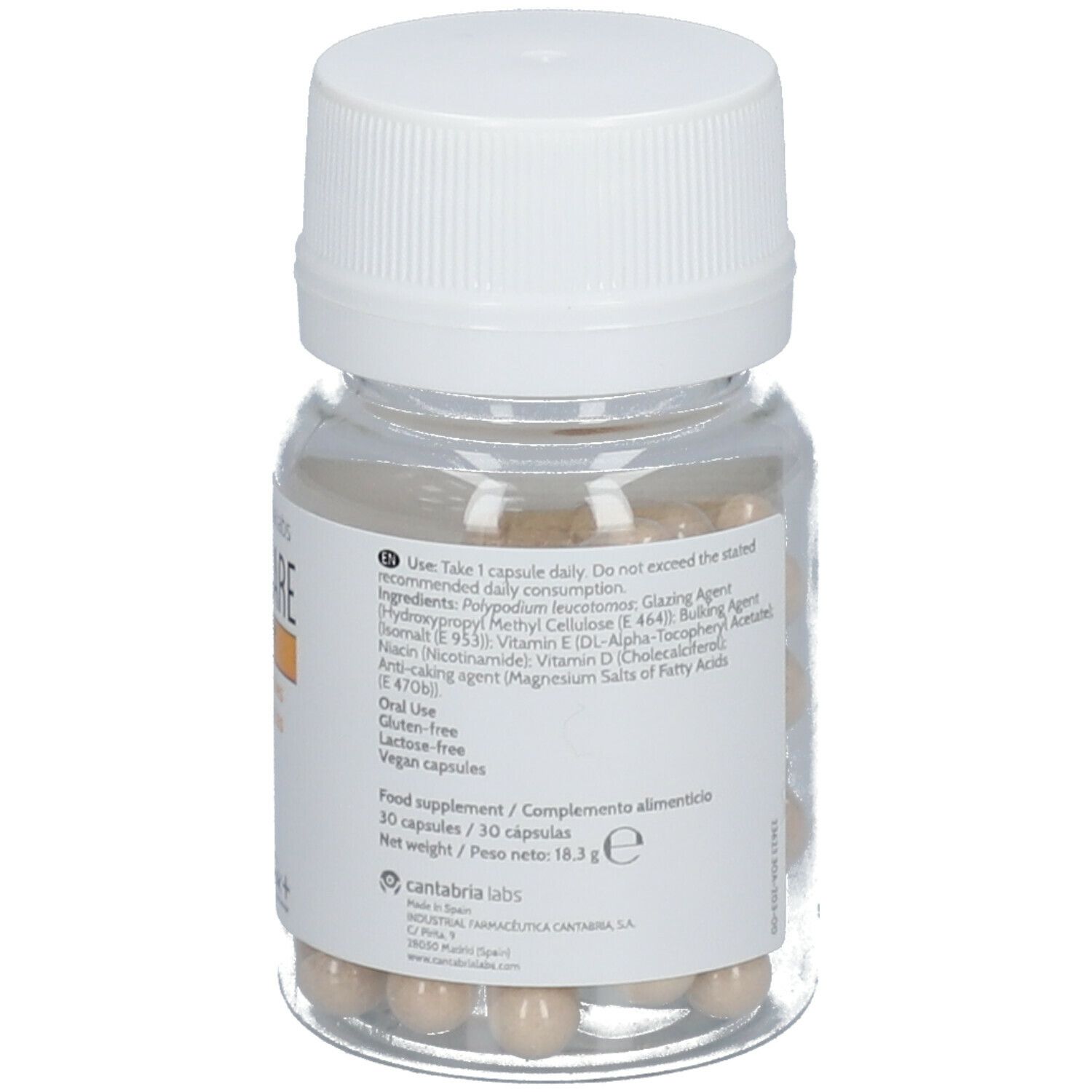 Flacon avec gélules blanches. Étiquette avec ingrédients, dosage et fabricant. HELIOCARE 360° D Plus.