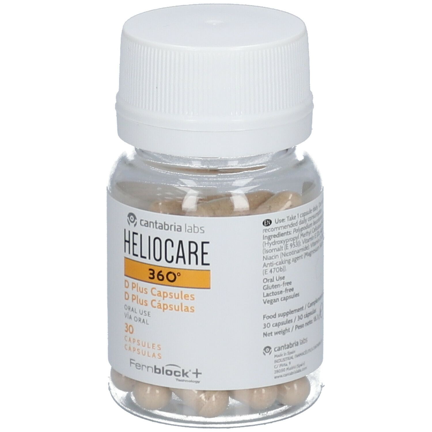 Flacon avec gélules blanches. Étiquette HELIOCARE 360° D Plus, 30 gélules. Cantabria Labs.