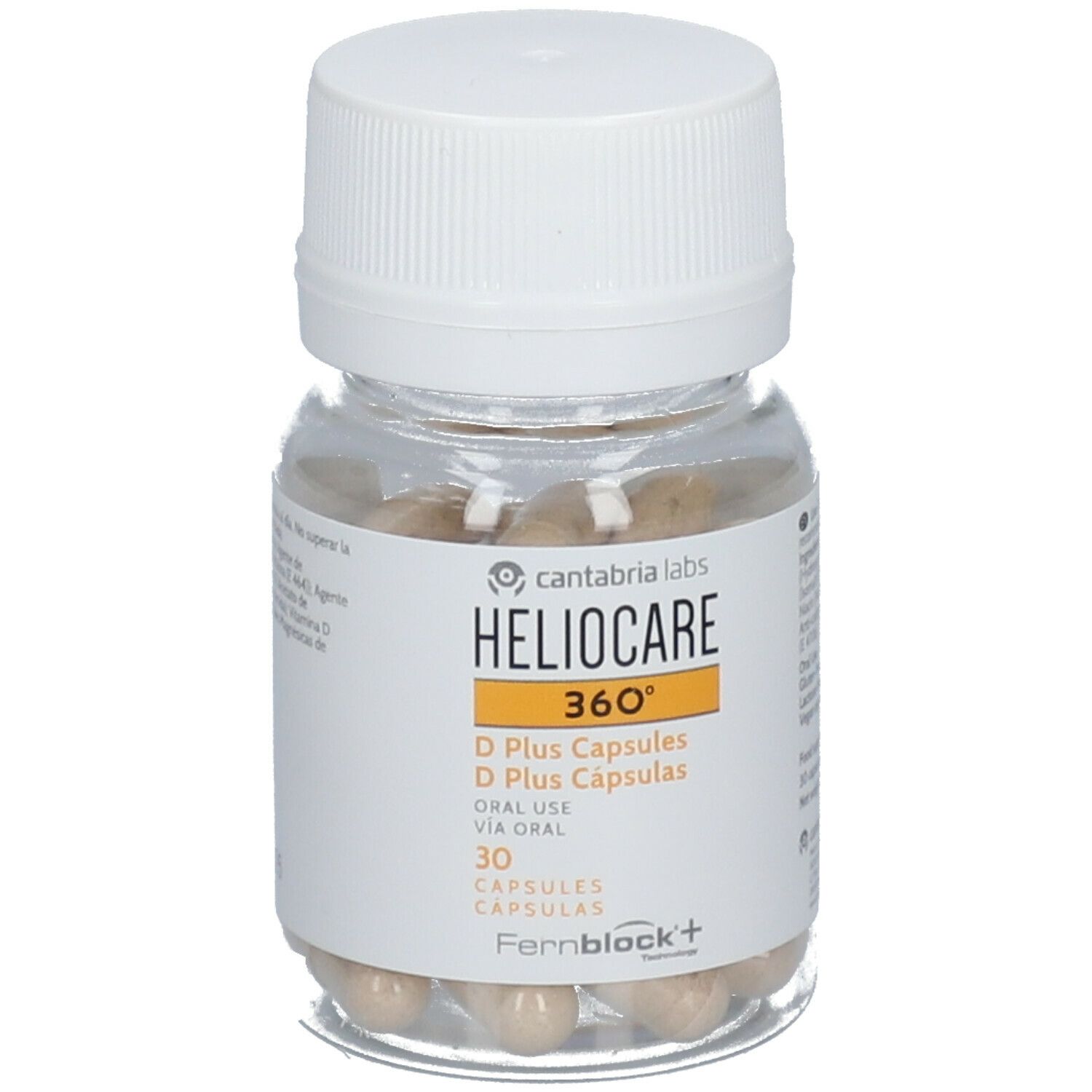 Flacon avec gélules blanches. Étiquette HELIOCARE 360° D Plus, 30 gélules. Cantabria Labs.