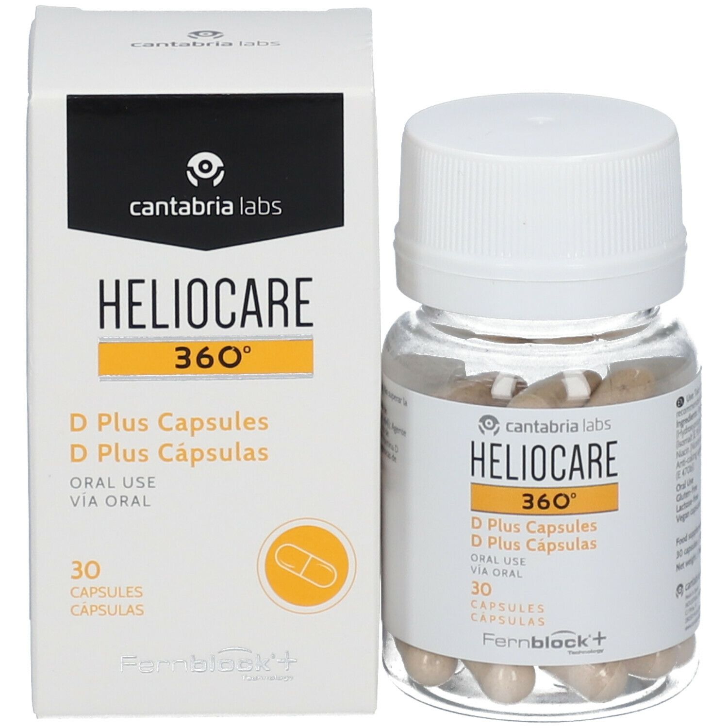 Emballage et flacon de gélules. Emballage HELIOCARE 360° D Plus, 30 gélules. Cantabria Labs.