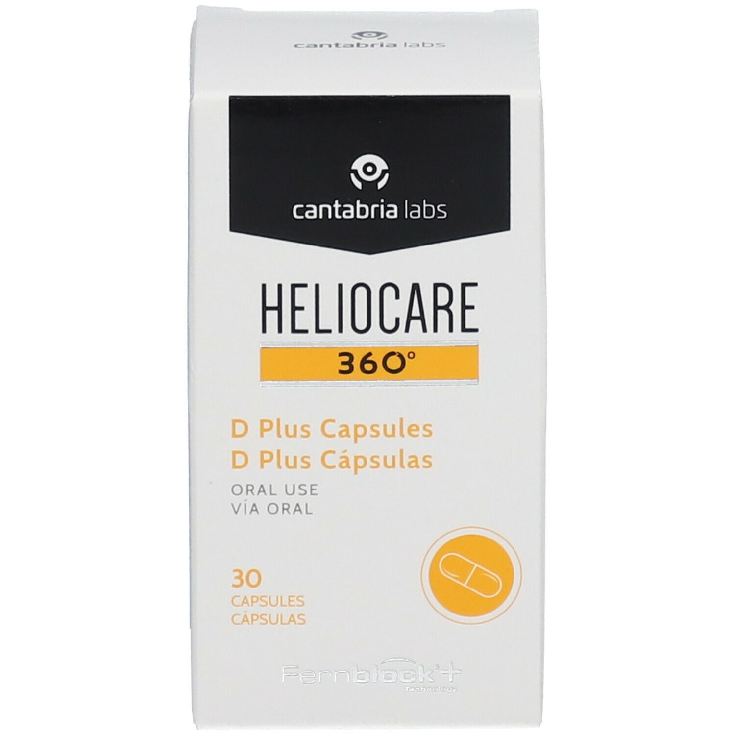 Emballage du produit. Emballage HELIOCARE 360° D Plus, 30 gélules. Cantabria Labs.