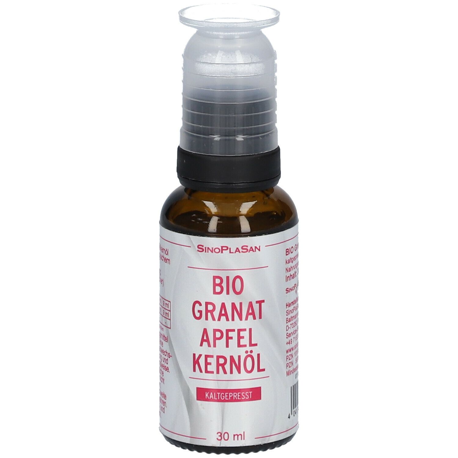 Braune Glasflasche mit Dosieraufsatz. Aufschrift: BIO Granatapfelkernöl, kaltgepresst. 30 ml.