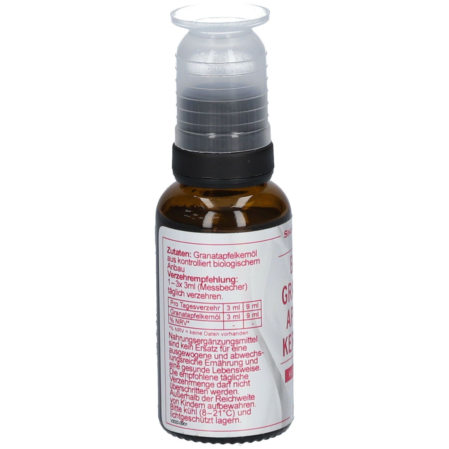 Braune Glasflasche mit Dosieraufsatz. Etikett mit Inhaltsstoffen und Verzehrempfehlung. Text in Deutsch.