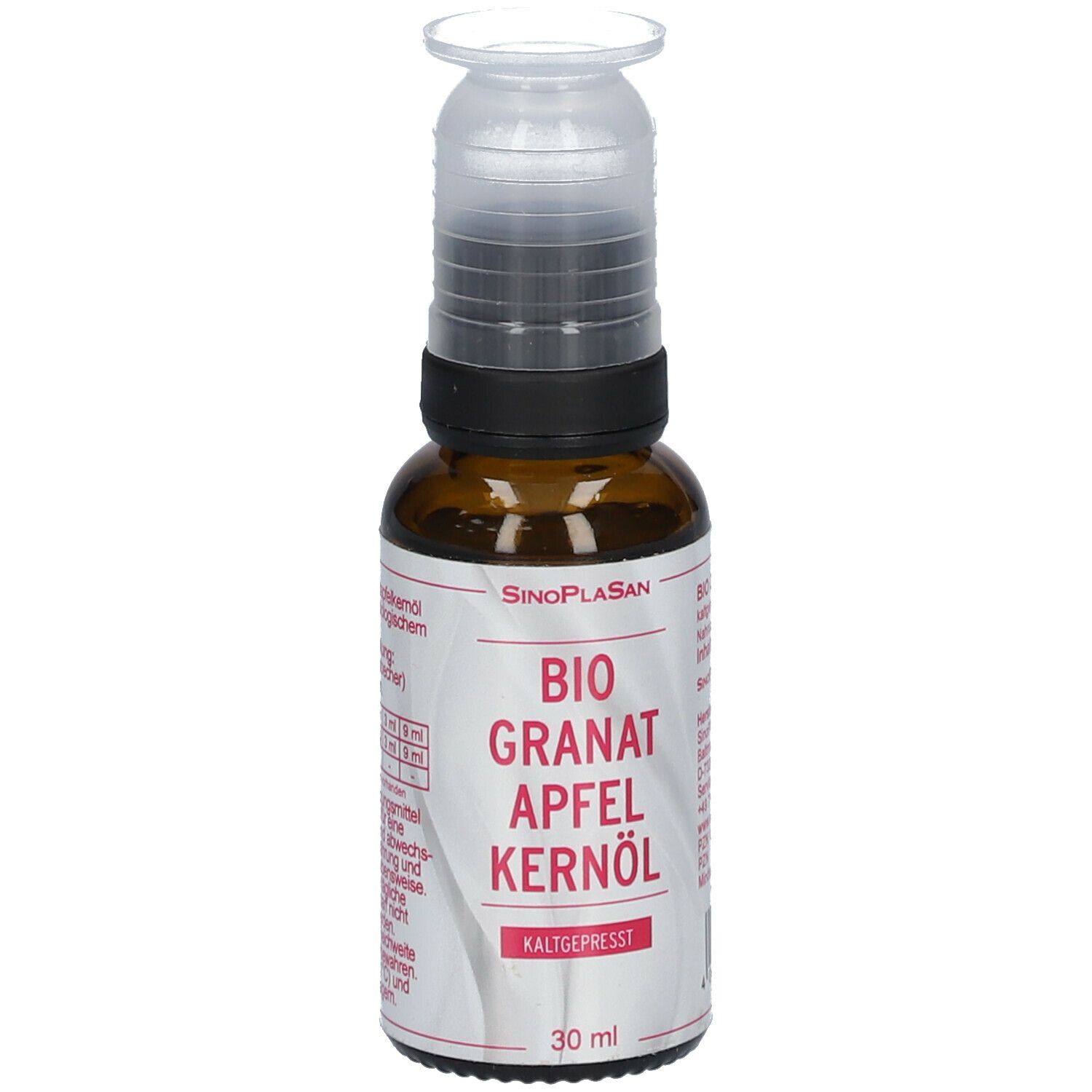 Braune Glasflasche mit Dosieraufsatz. Aufschrift: BIO Granatapfelkernöl, kaltgepresst. 30 ml.