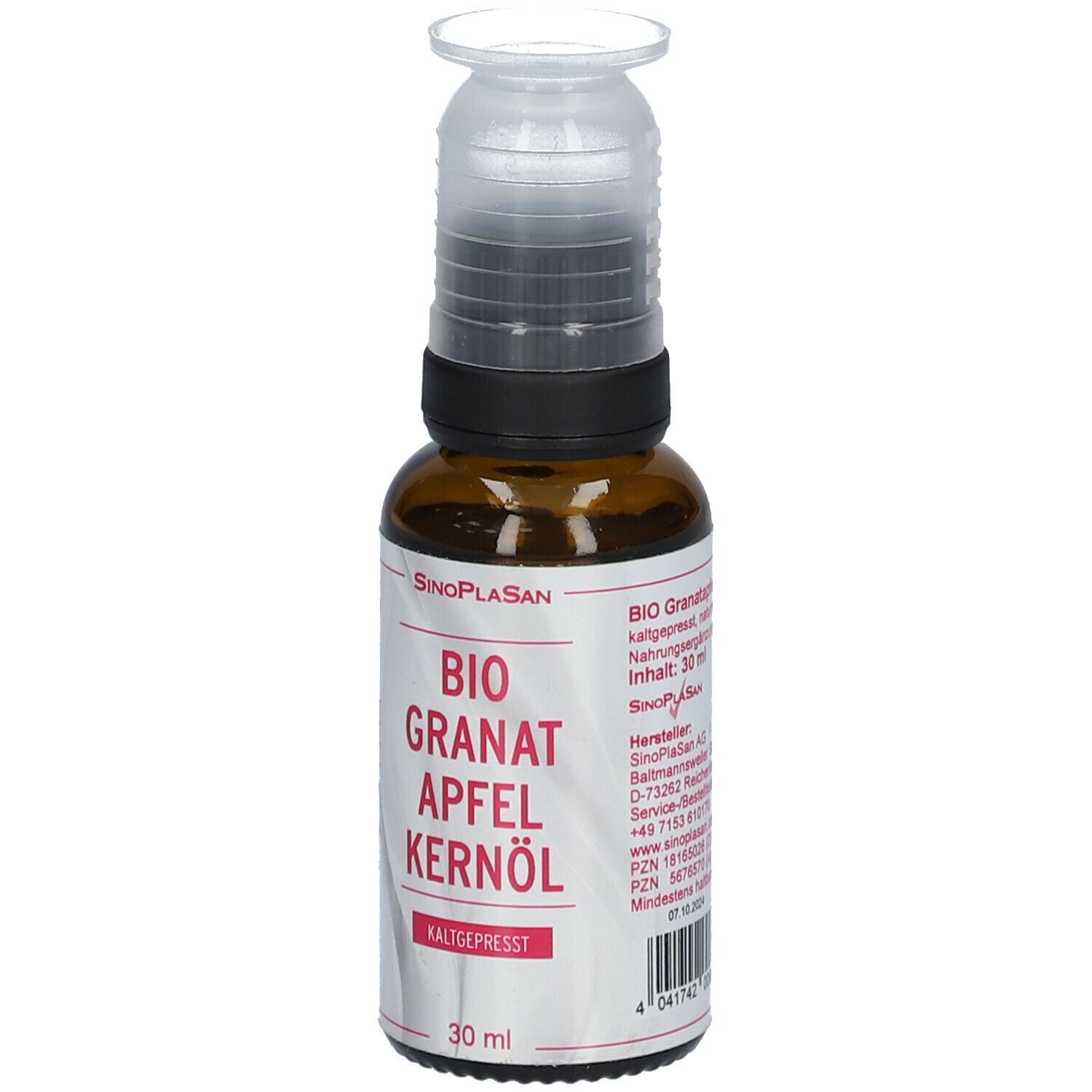 Braune Glasflasche mit Dosieraufsatz. Aufschrift: BIO Granatapfelkernöl, kaltgepresst. 30 ml. Herstellerinformationen.