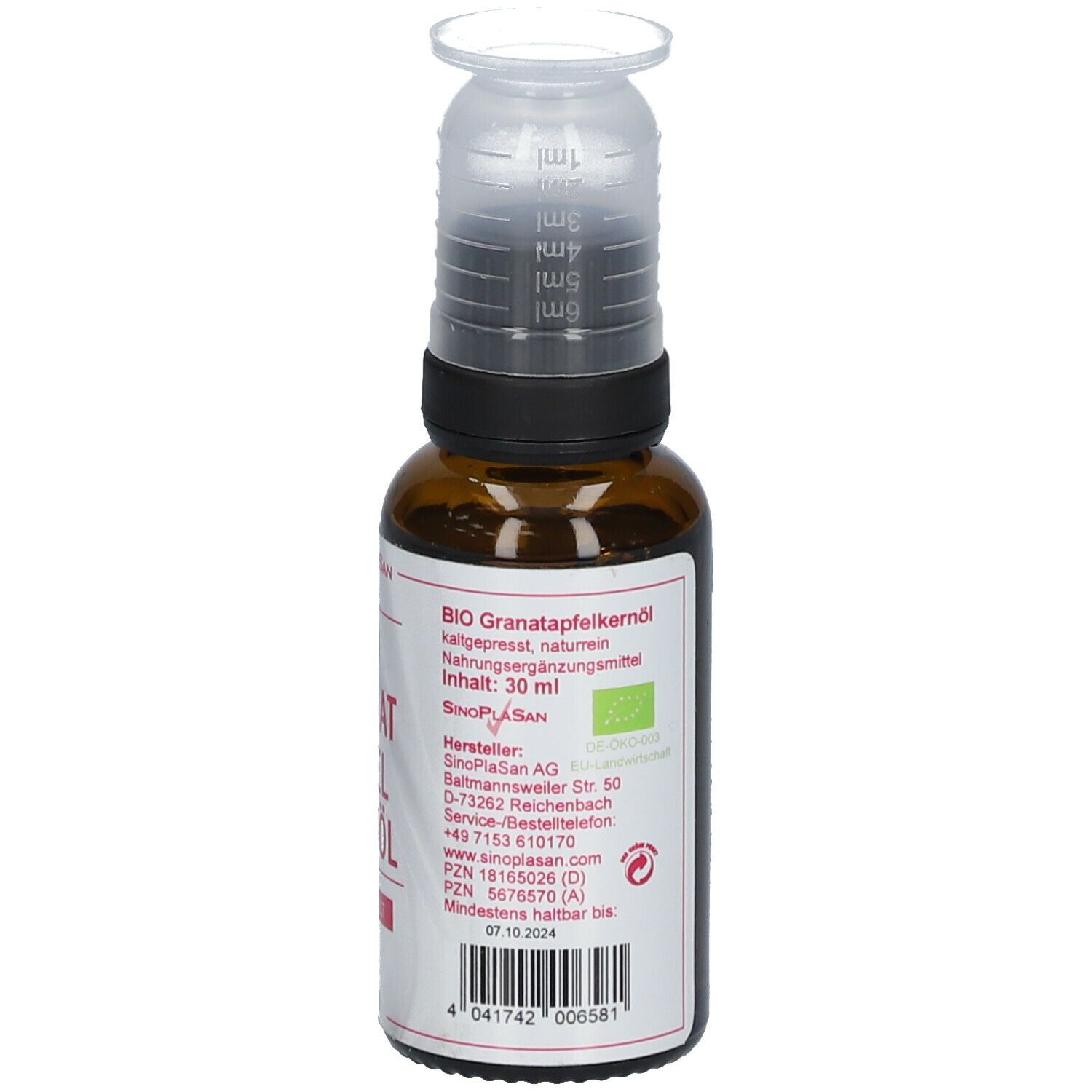Braune Glasflasche mit Dosieraufsatz. Aufschrift: BIO Granatapfelkernöl, 30 ml. Bio-Siegel. Mindesthaltbarkeitsdatum.
