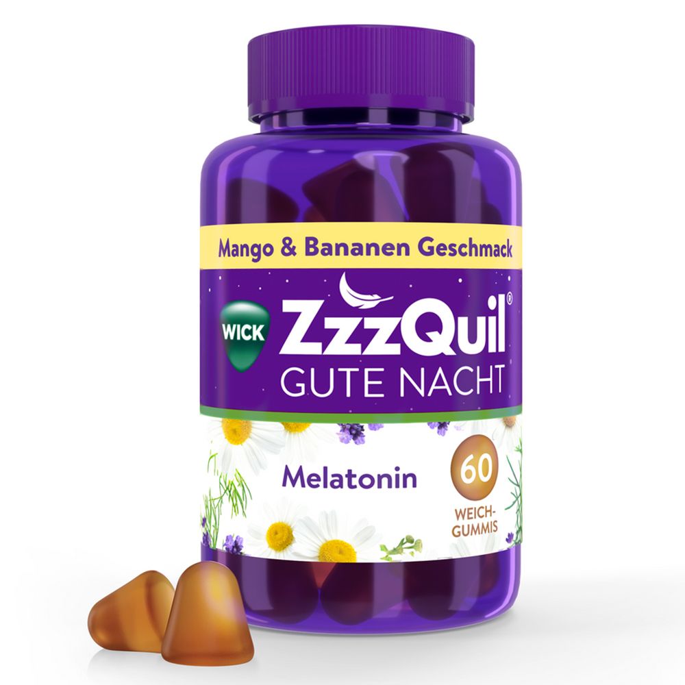Flasche mit WICK ZzzQuil Gute Nacht, 60 Weichgummis. Mango-Banane Geschmack. Enthält Melatonin.