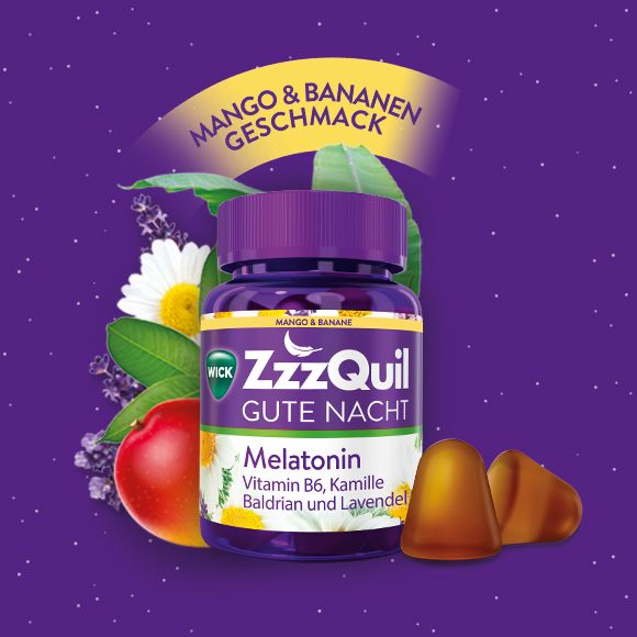 Flasche WICK ZzzQuil Gute Nacht mit Melatonin, Mango-Banane Geschmack, mit Früchten und Blüten.
