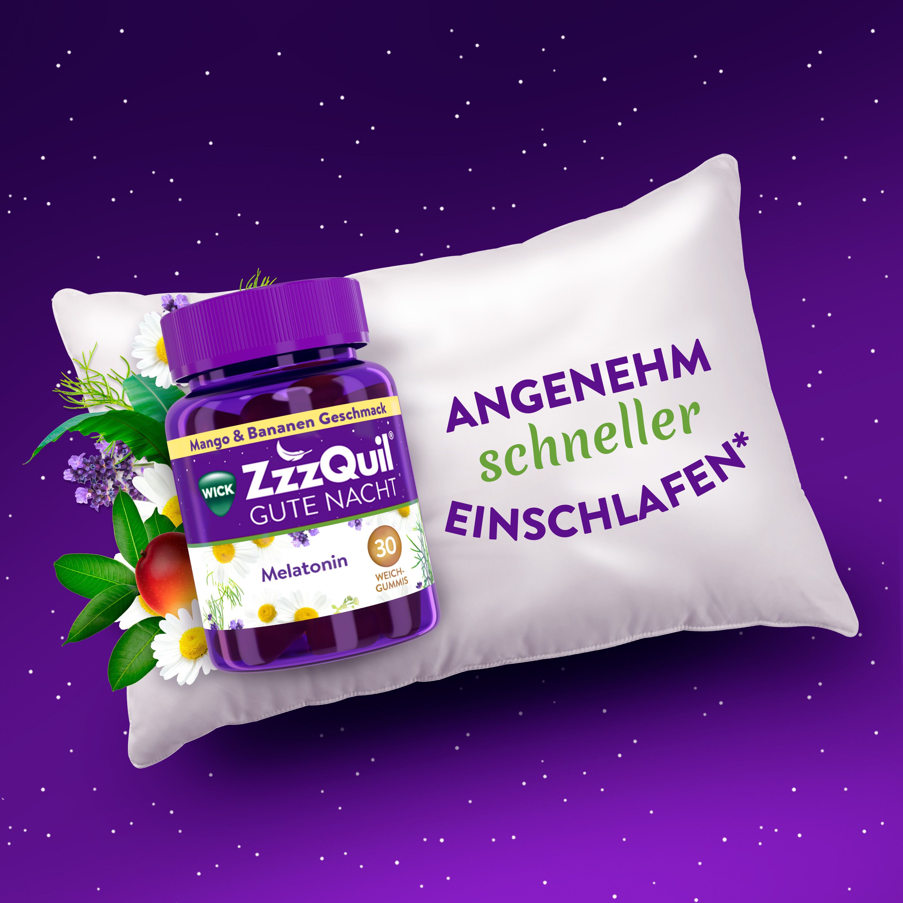 Flasche WICK ZzzQuil Gute Nacht auf Kissen. Text: Angenehm schneller einschlafen.